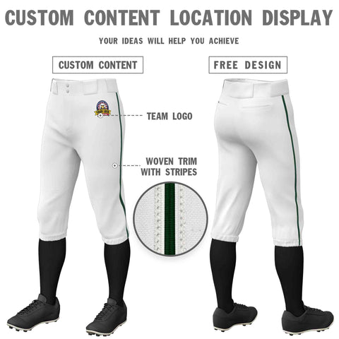 Custom White Green Classic Fit Stretch Practice Knickers Baseball Pants