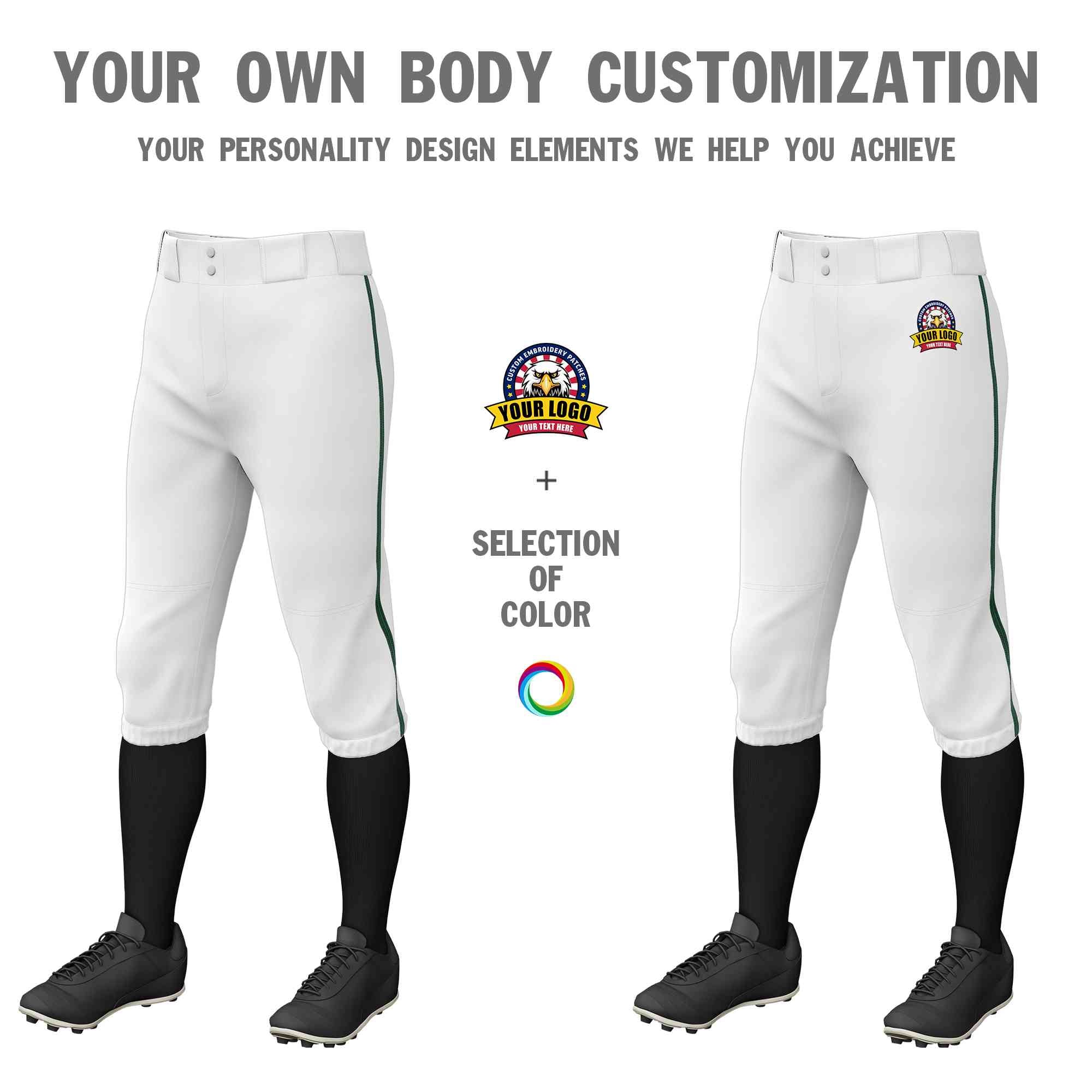 Custom White Green Classic Fit Stretch Practice Knickers Baseball Pants