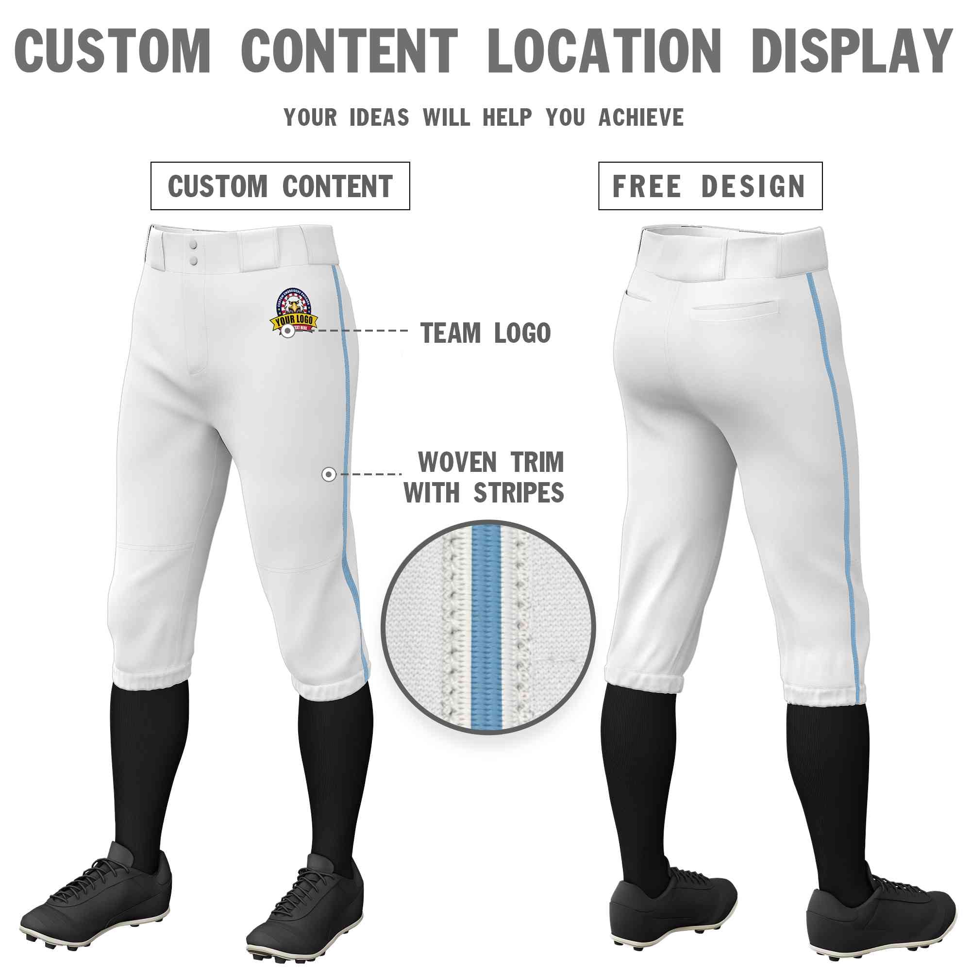 Pantalon de baseball personnalisé, blanc, bleu clair, coupe classique, culotte d'entraînement extensible