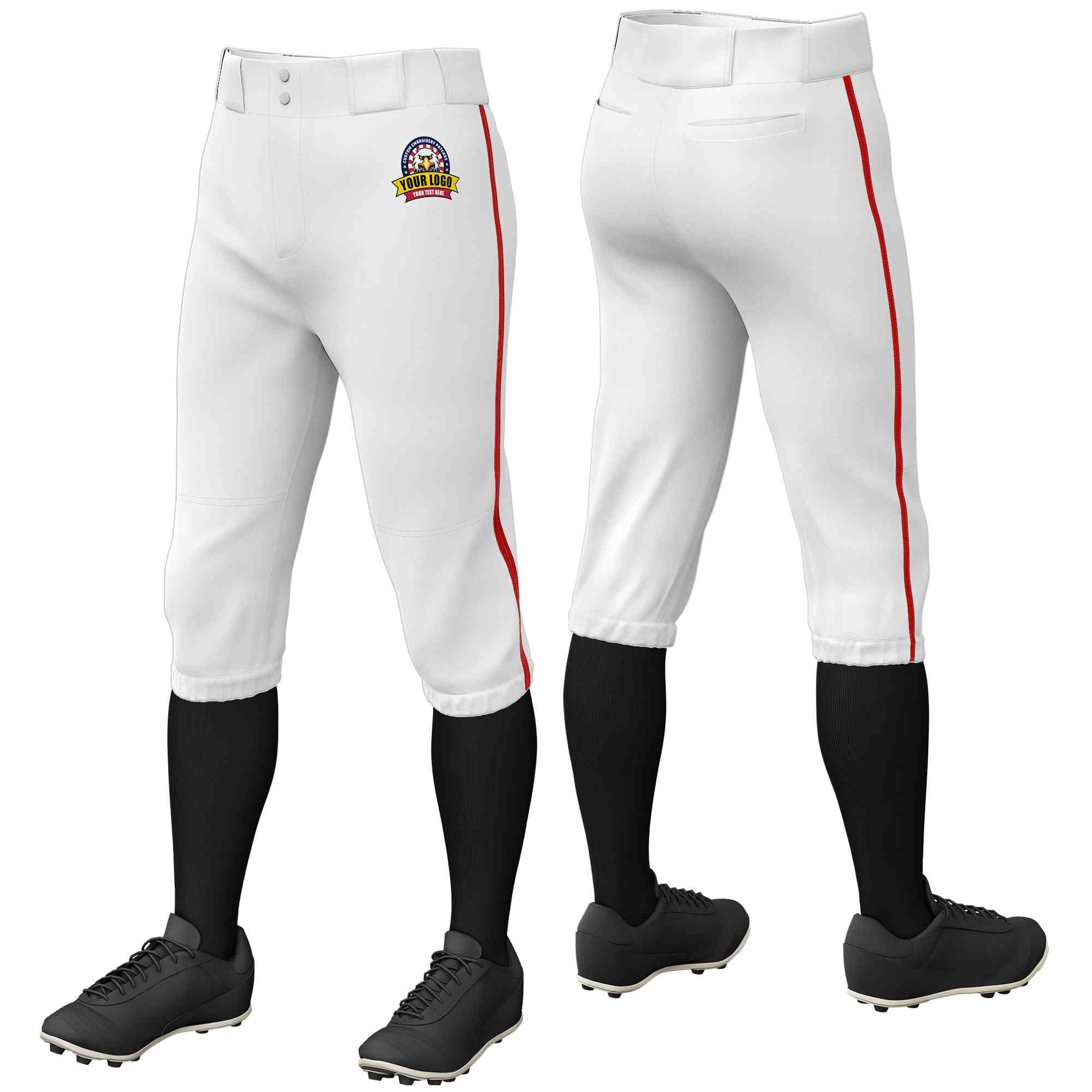 Custom White Red Classic Fit Stretch Practice Knickers Baseball Pants