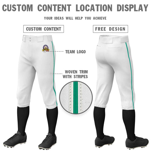 Custom White Teal Classic Fit Stretch Practice Knickers Baseball Pants