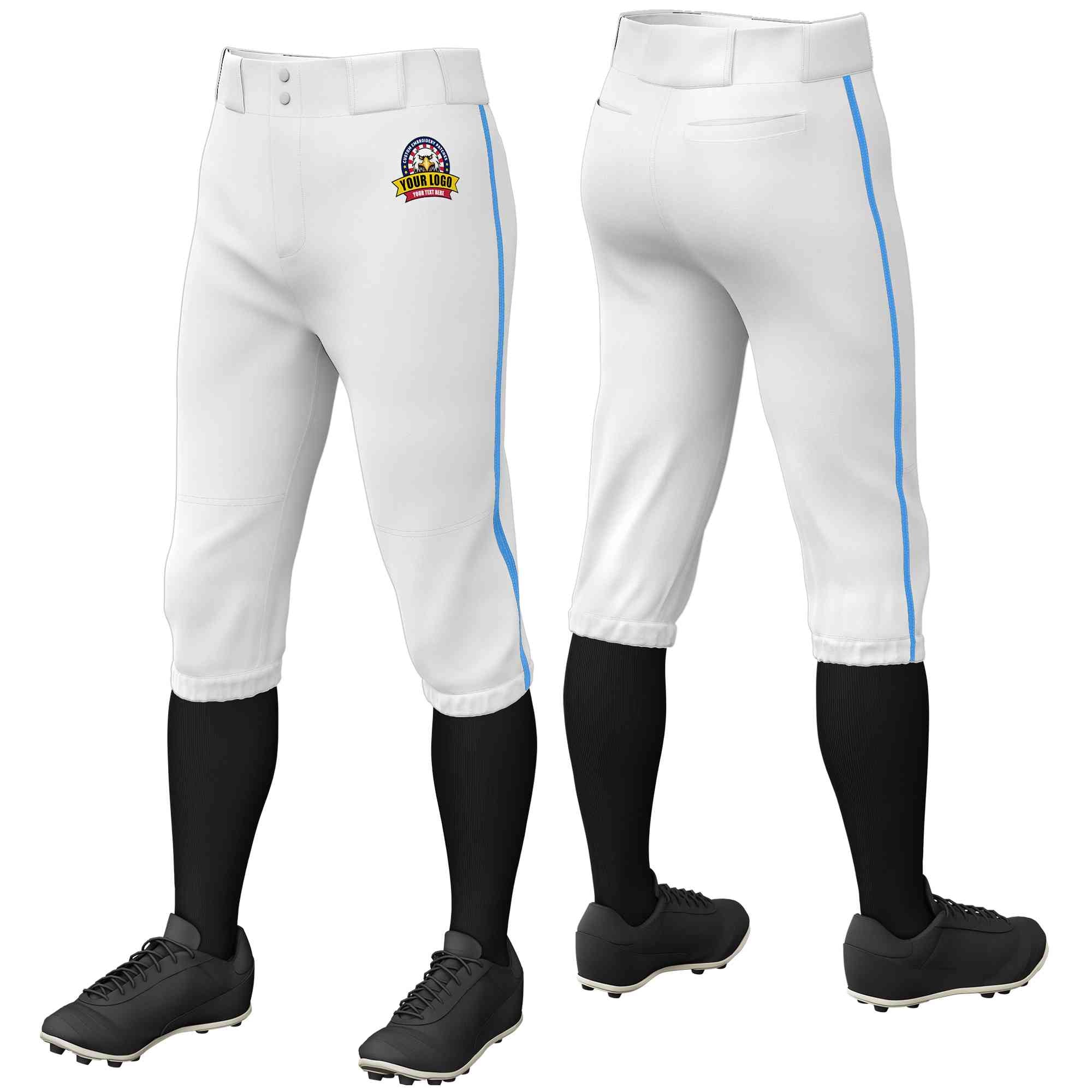 Custom White Powder Blue Classic Fit Stretch Practice Knickers Baseball Pants