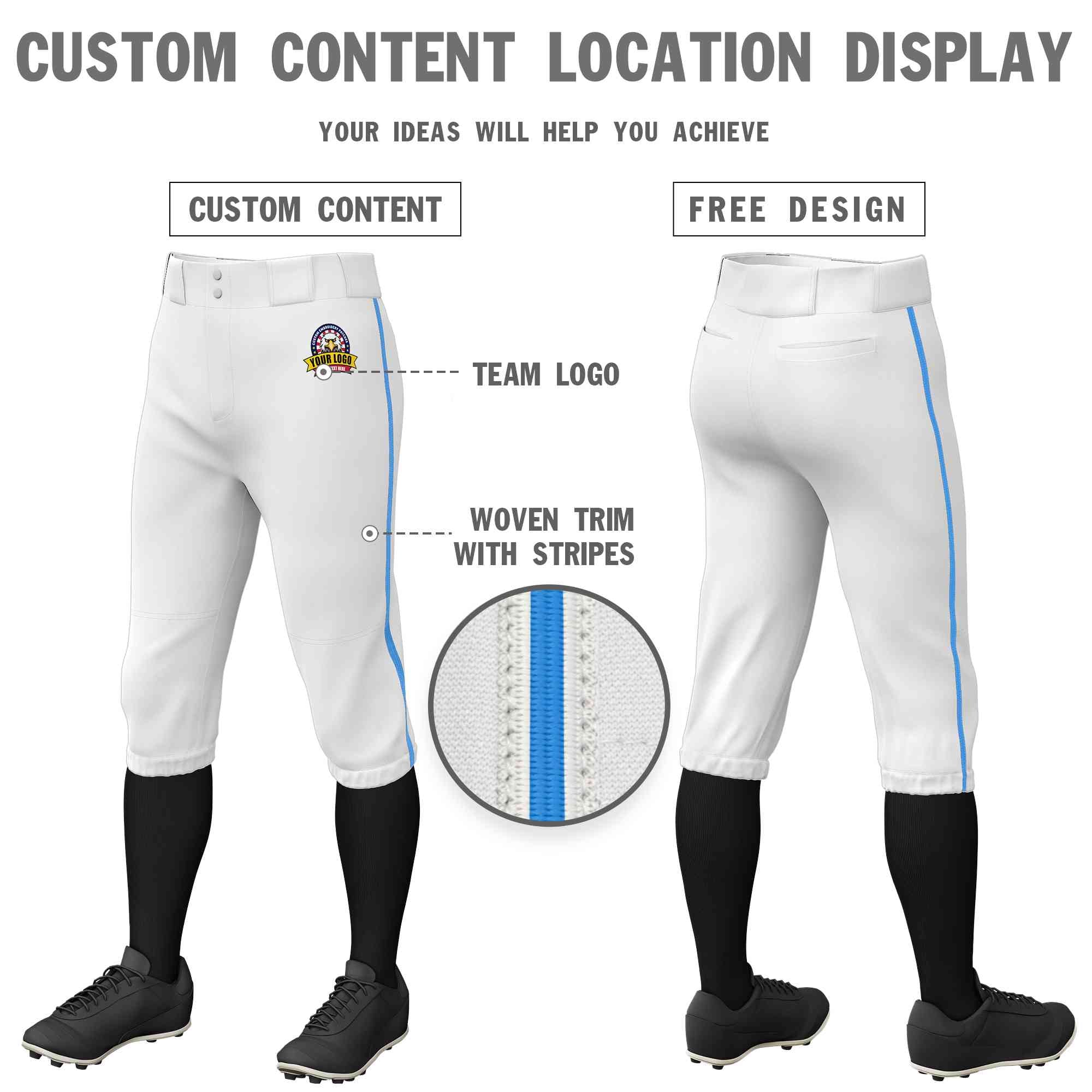 Custom White Powder Blue Classic Fit Stretch Practice Knickers Baseball Pants