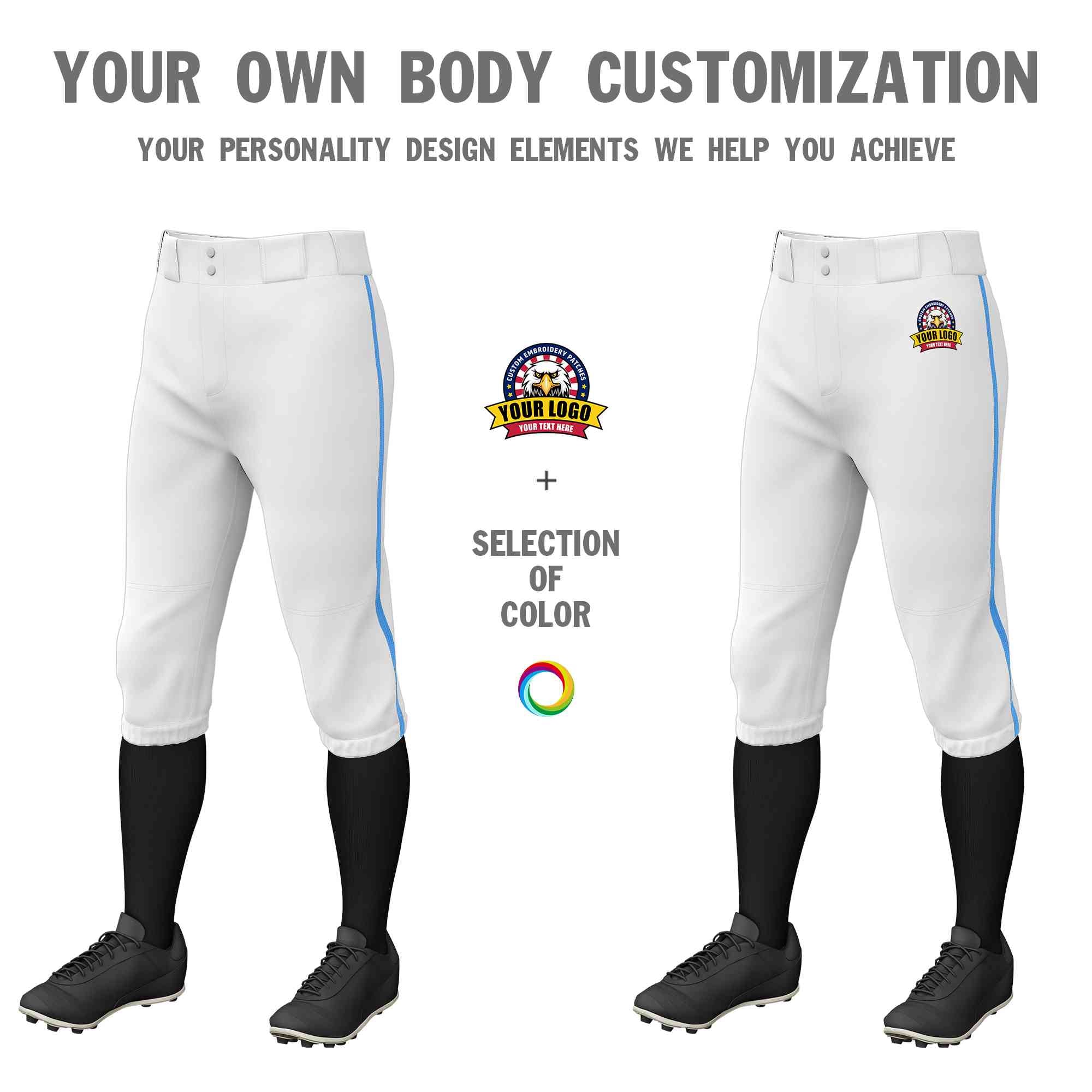 Custom White Powder Blue Classic Fit Stretch Practice Knickers Baseball Pants