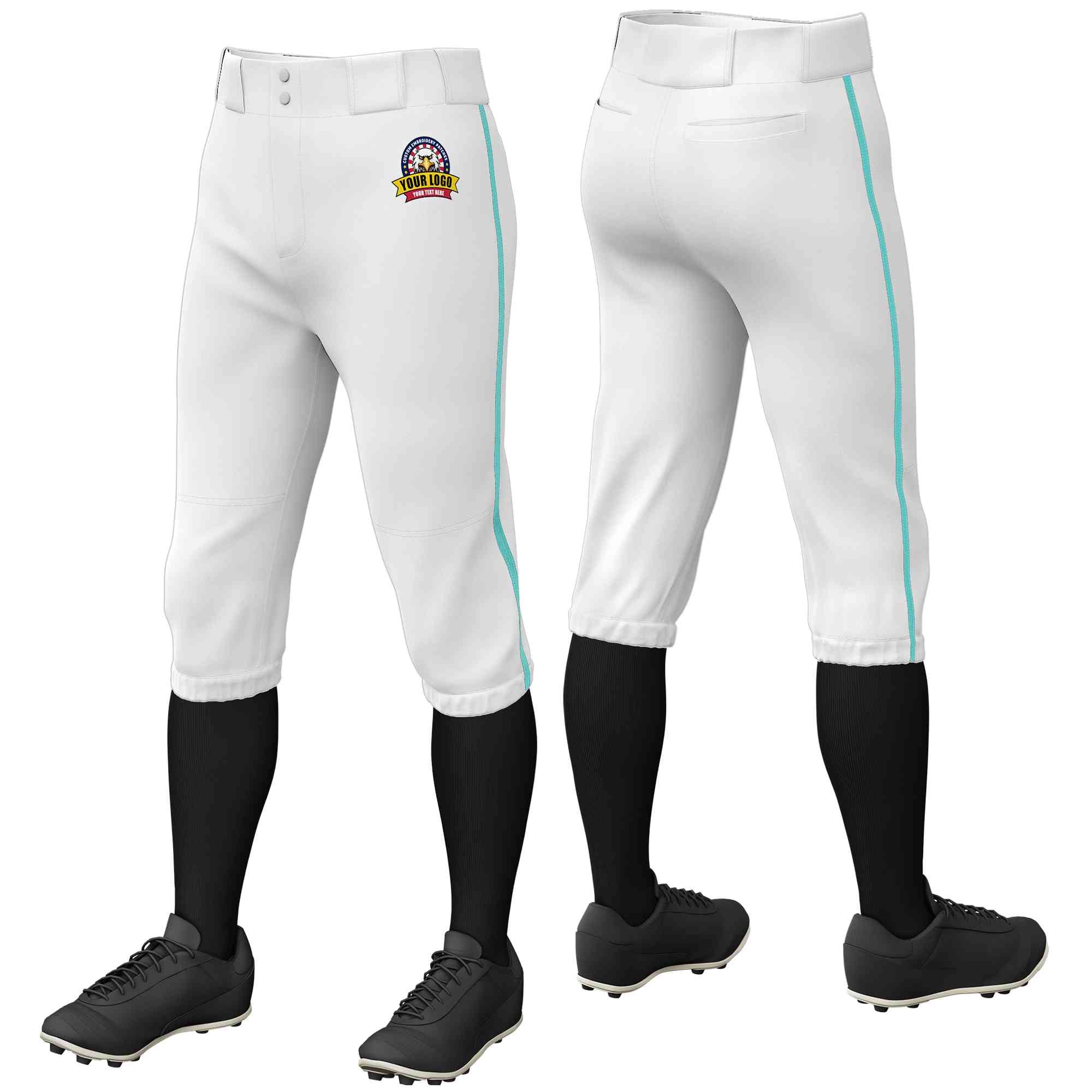 Custom White Aqua Classic Fit Stretch Practice Knickers Baseball Pants