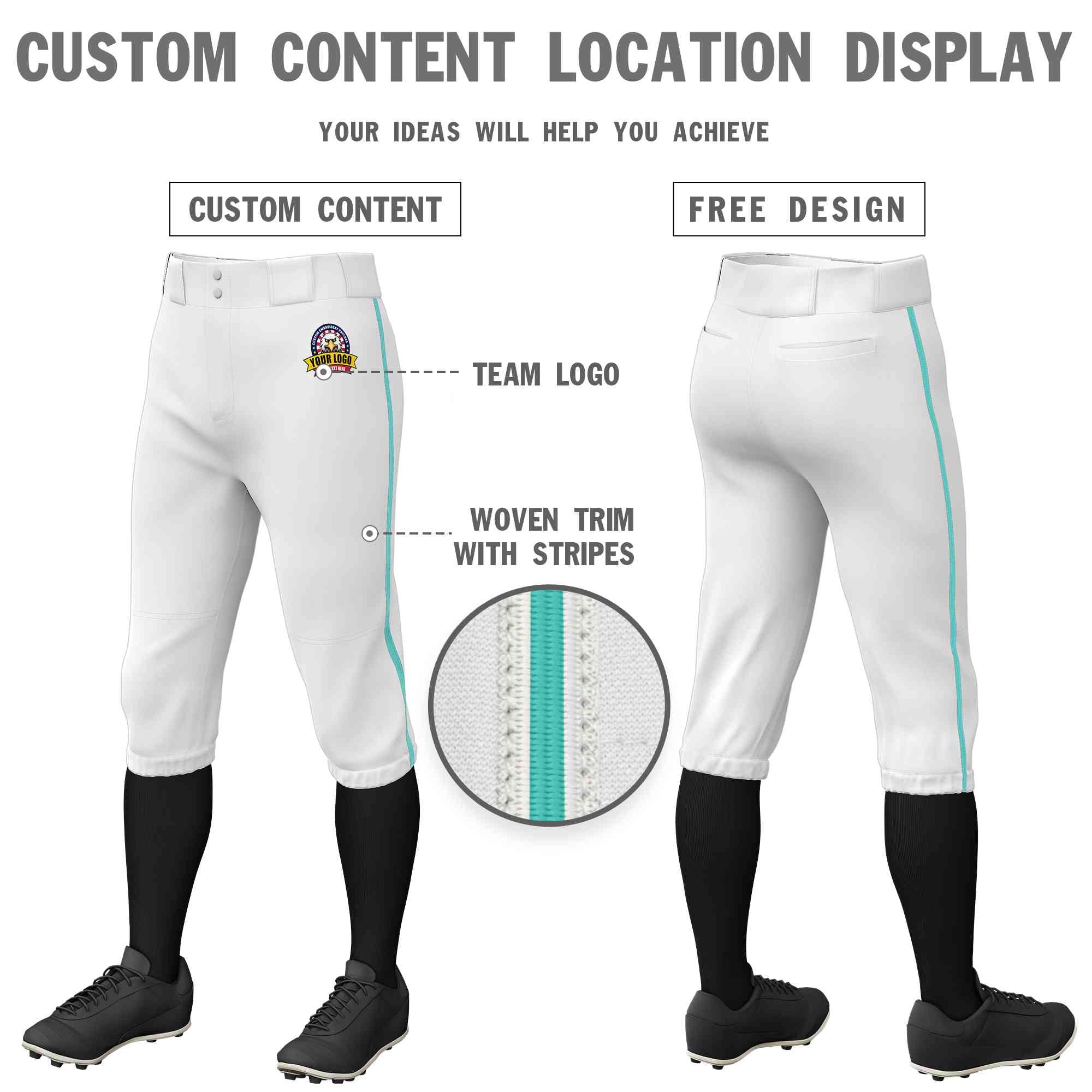 Custom White Aqua Classic Fit Stretch Practice Knickers Baseball Pants