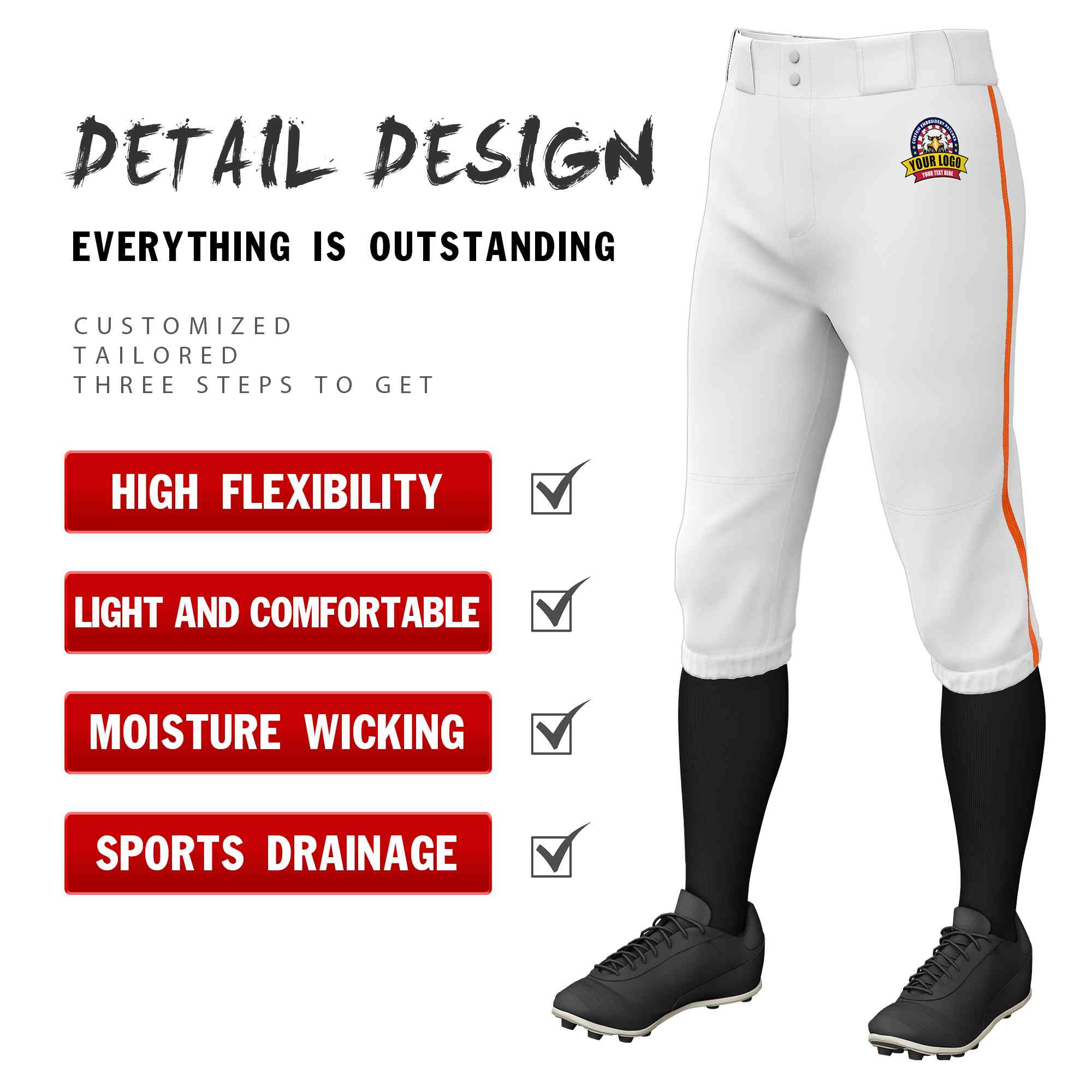 Custom White Orange Classic Fit Stretch Practice Knickers Baseball Pants