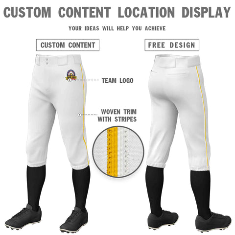 Custom White Gold-White Classic Fit Stretch Practice Knickers Baseball Pants