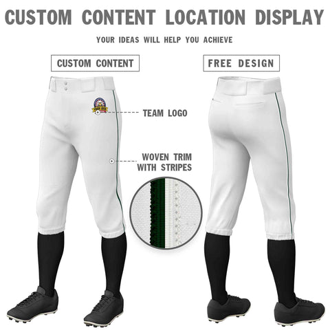 Custom White Green-White Classic Fit Stretch Practice Knickers Baseball Pants