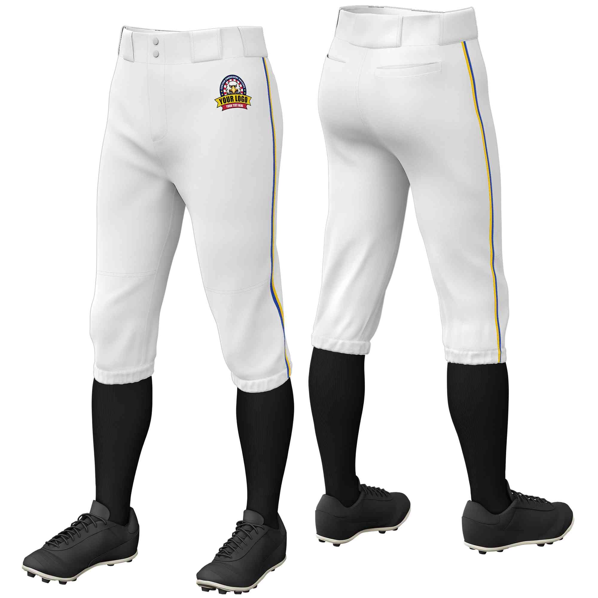 Pantalon de baseball personnalisé blanc royal-or, coupe classique, culotte d'entraînement extensible