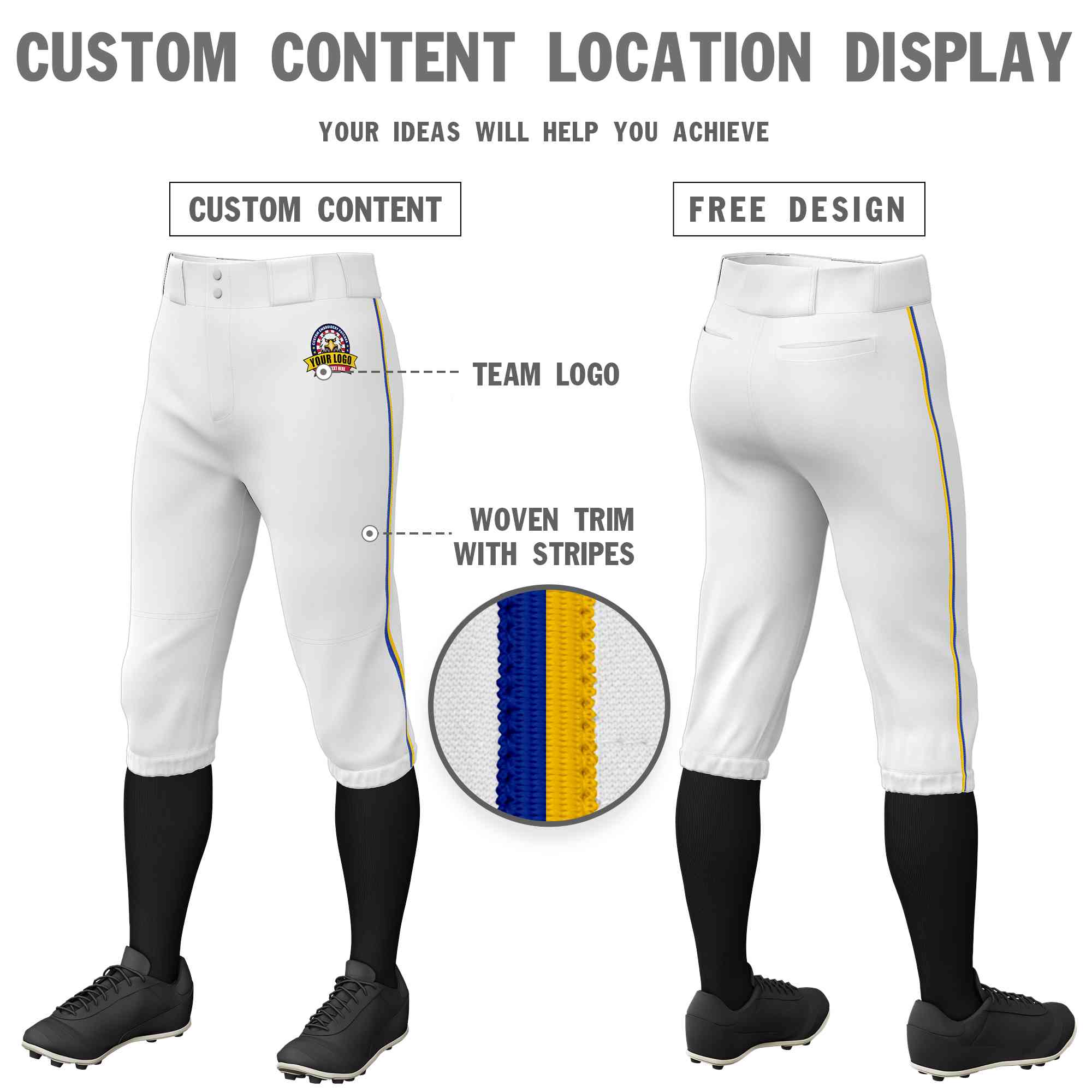 Pantalon de baseball personnalisé blanc royal-or, coupe classique, culotte d'entraînement extensible