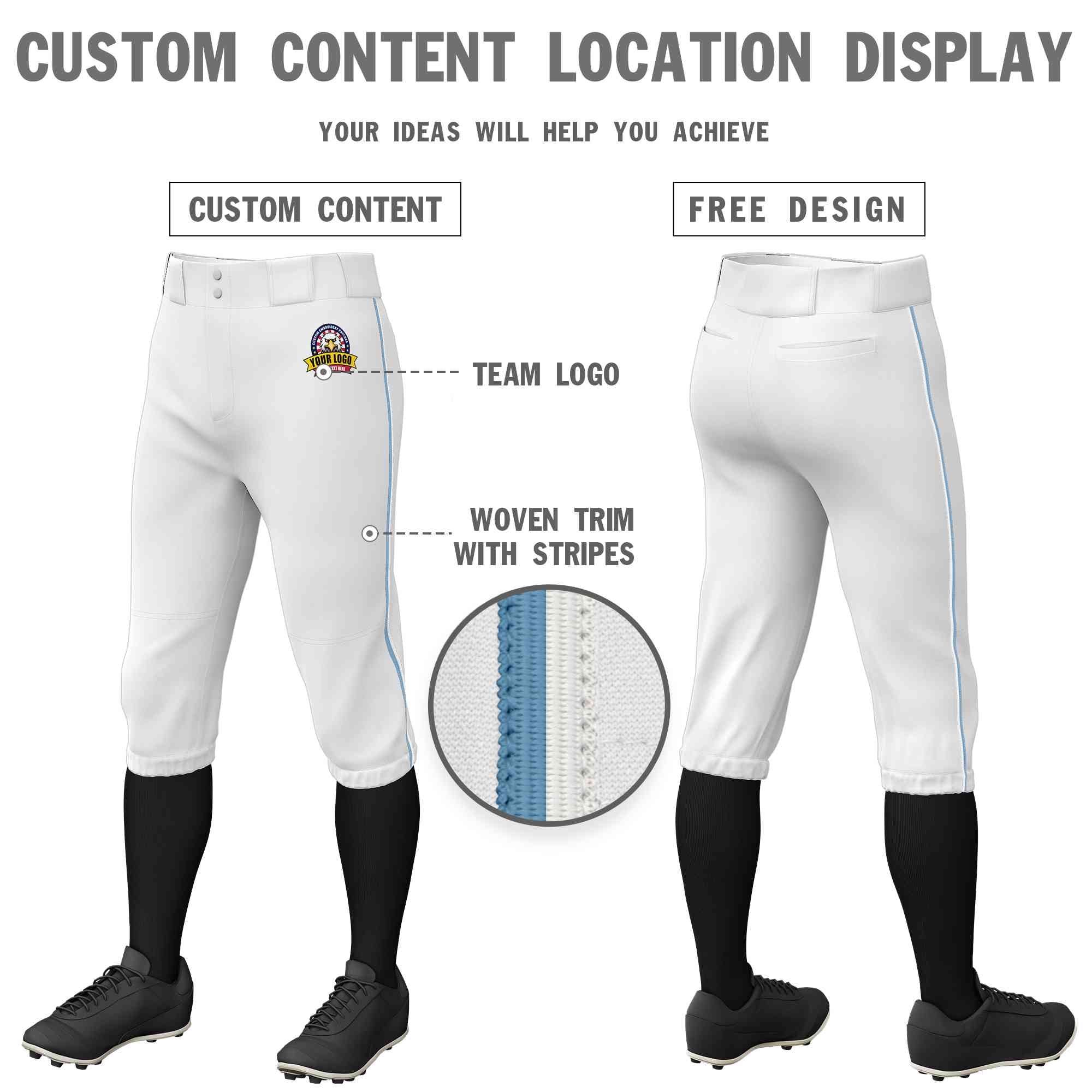 Pantalon de baseball personnalisé, blanc, bleu clair et blanc, coupe classique, culotte d'entraînement extensible