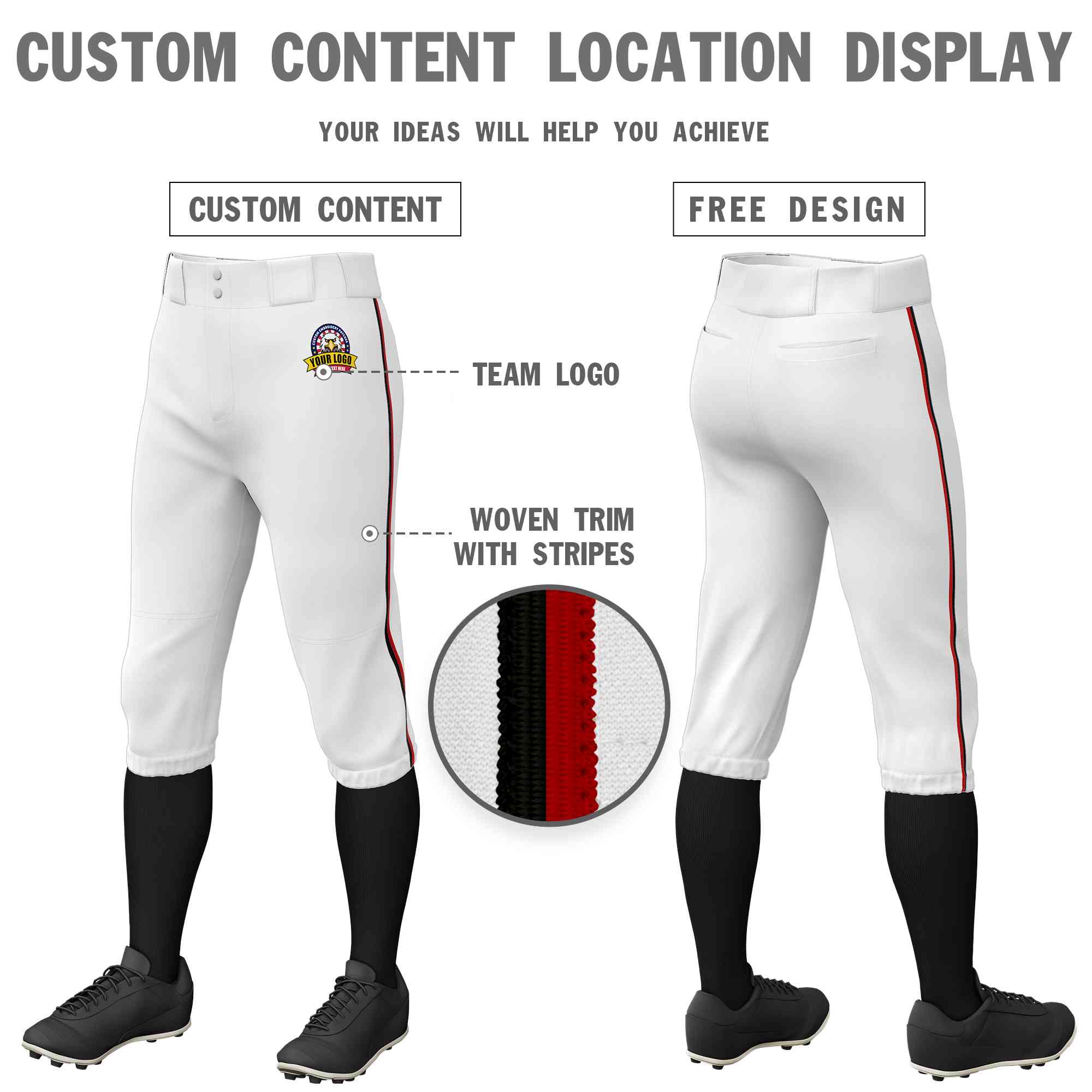 Pantalon de baseball personnalisé, blanc, noir et rouge, coupe classique, culotte d'entraînement extensible