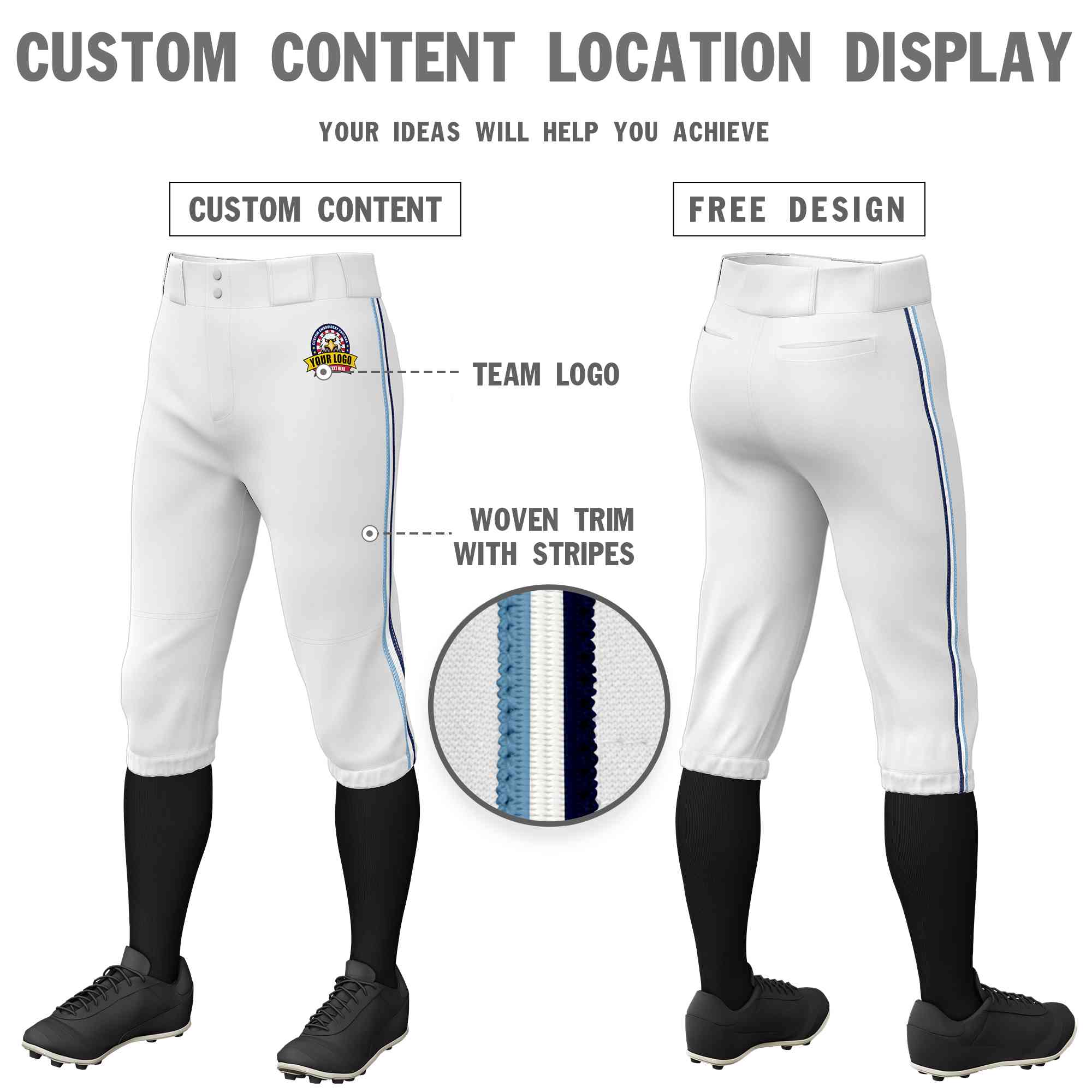 Pantalon de baseball personnalisé, blanc, bleu clair, blanc-marine, coupe classique, culotte d'entraînement extensible