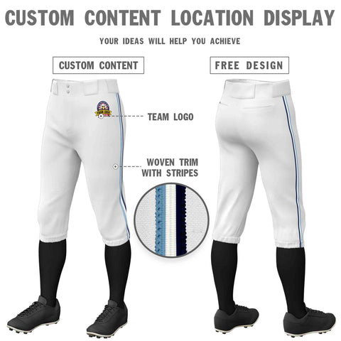 Custom White Light Blue White-Navy Classic Fit Stretch Practice Knickers Baseball Pants