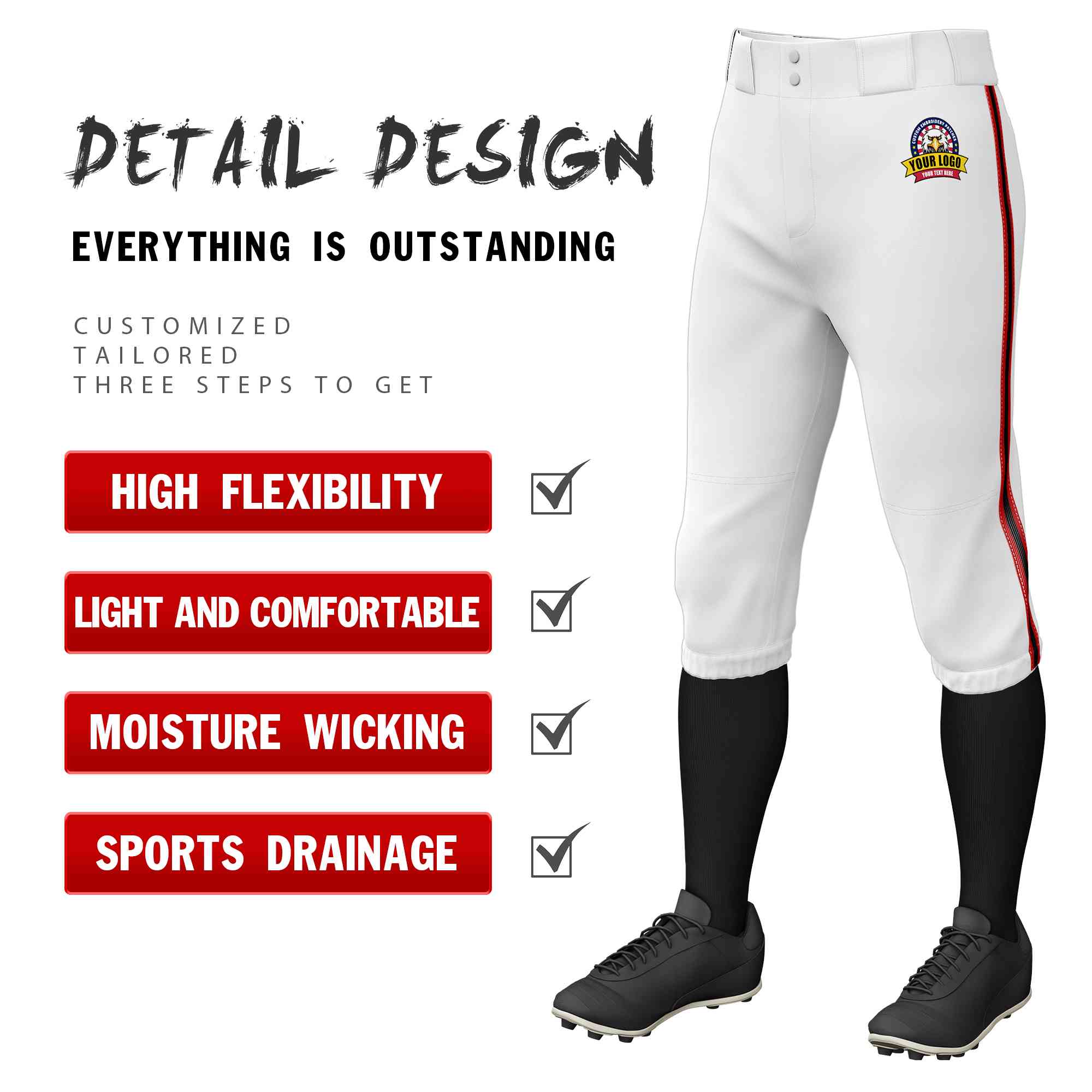 Custom White Red Black-Red Classic Fit Stretch Practice Knickers Baseball Pants