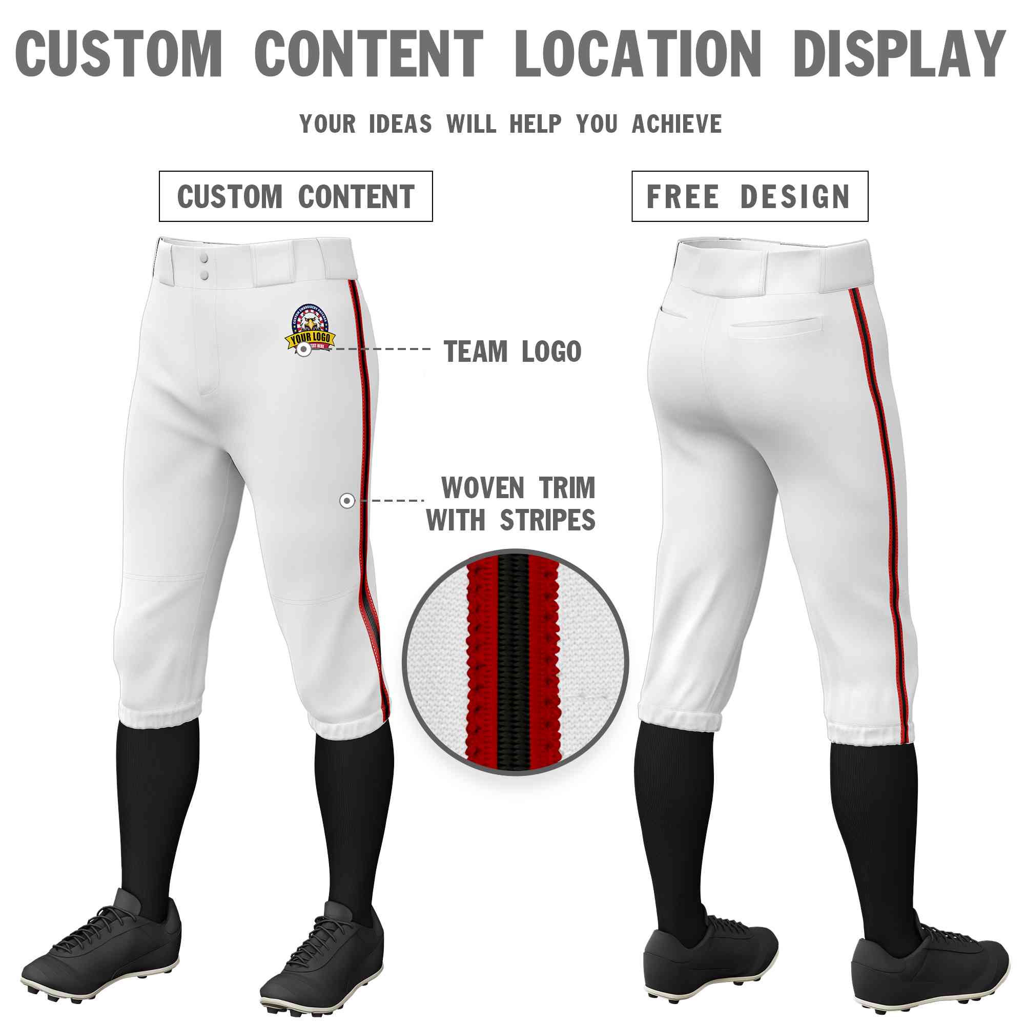 Custom White Red Black-Red Classic Fit Stretch Practice Knickers Baseball Pants