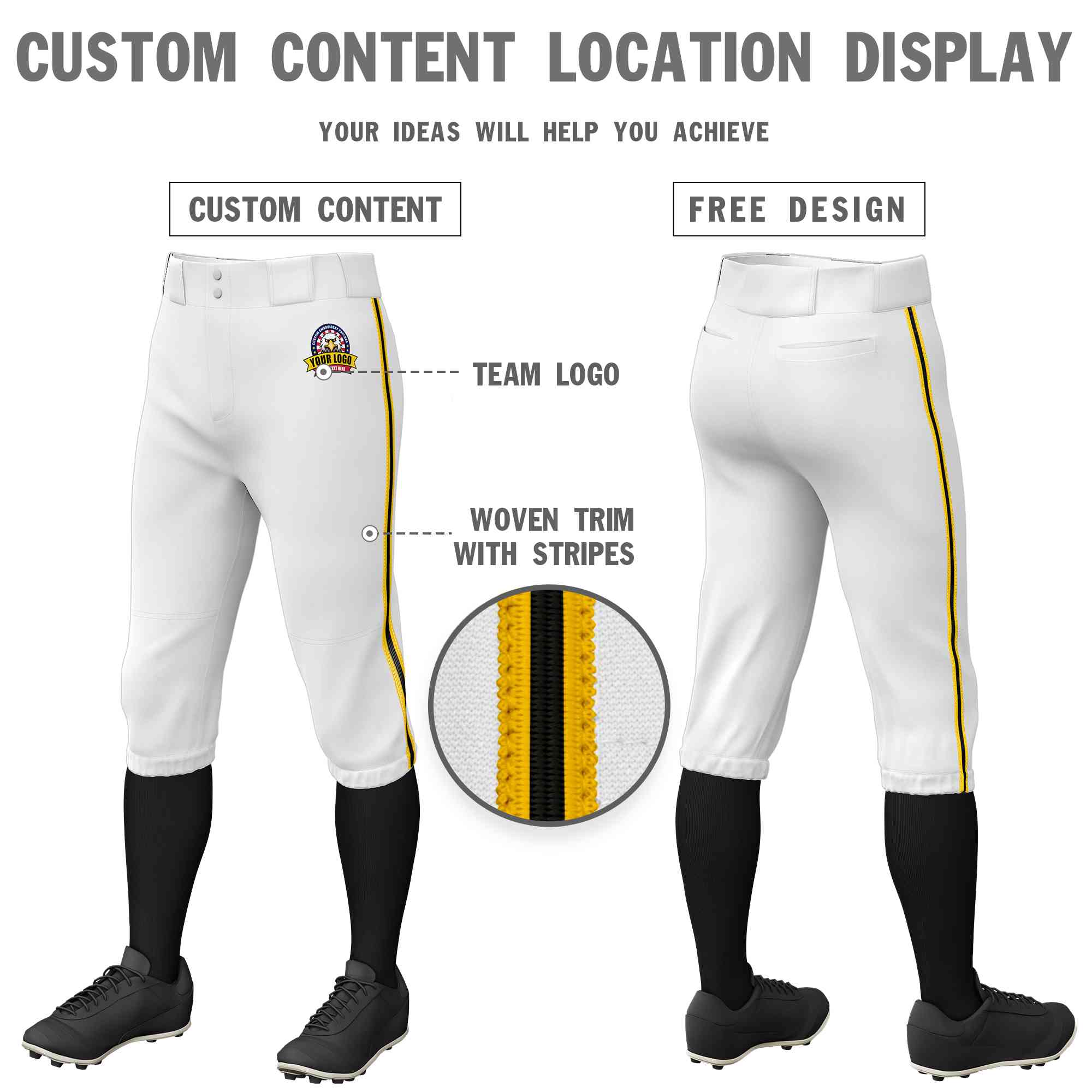 Pantalon de baseball personnalisé en or blanc, noir et or, coupe classique, culotte d'entraînement extensible