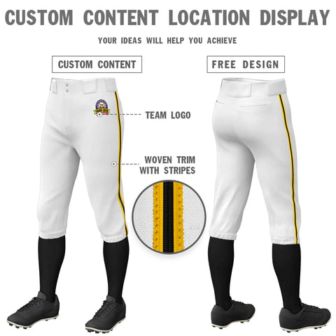 Custom White Gold Black-Gold Classic Fit Stretch Practice Knickers Baseball Pants