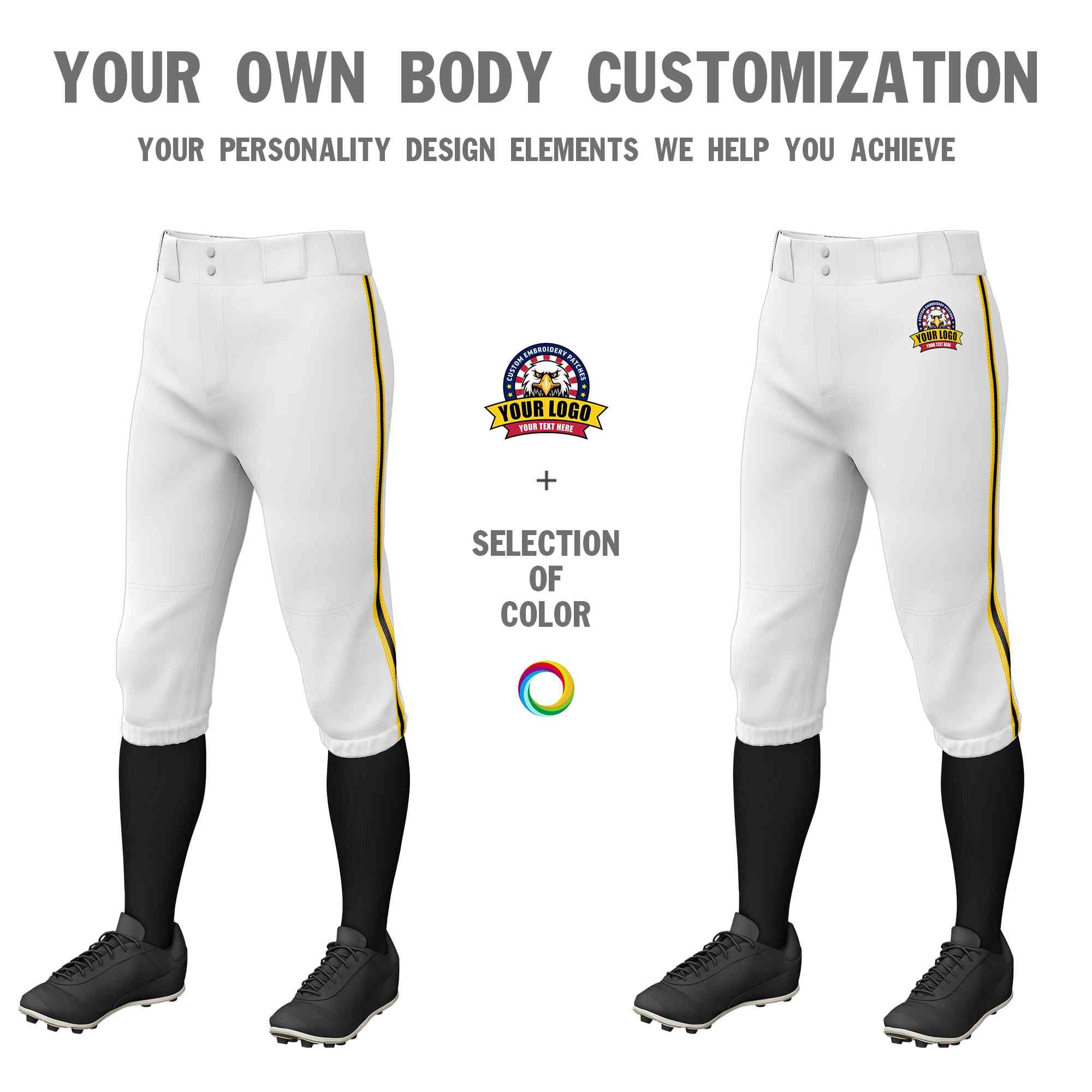 Custom White Gold Black-Gold Classic Fit Stretch Practice Knickers Baseball Pants