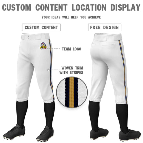 Custom White Navy Old Gold-Navy Classic Fit Stretch Practice Knickers Baseball Pants