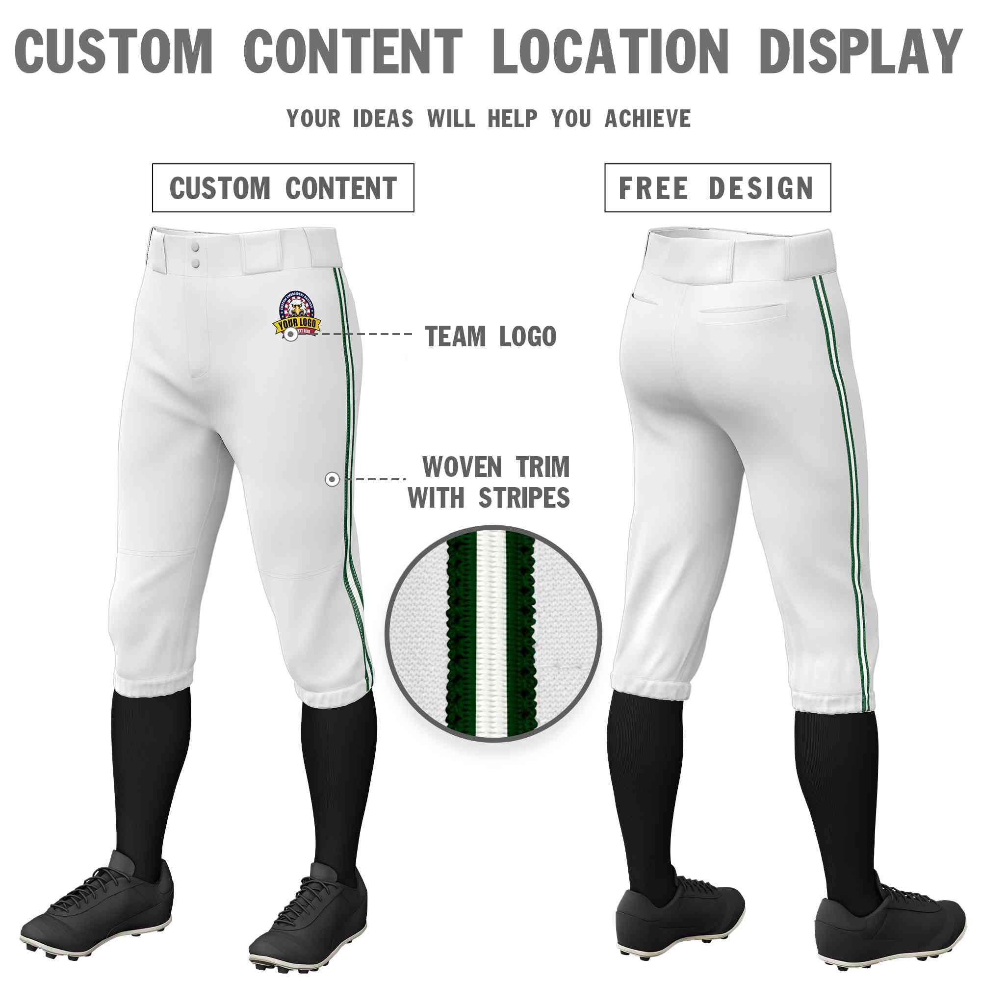 Custom White Green White-Green Classic Fit Stretch Practice Knickers Baseball Pants