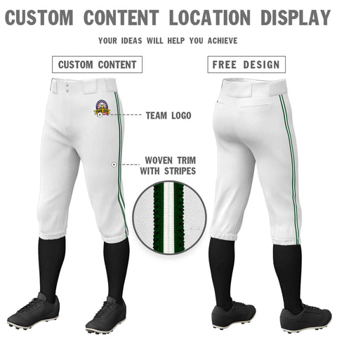 Custom White Green White-Green Classic Fit Stretch Practice Knickers Baseball Pants
