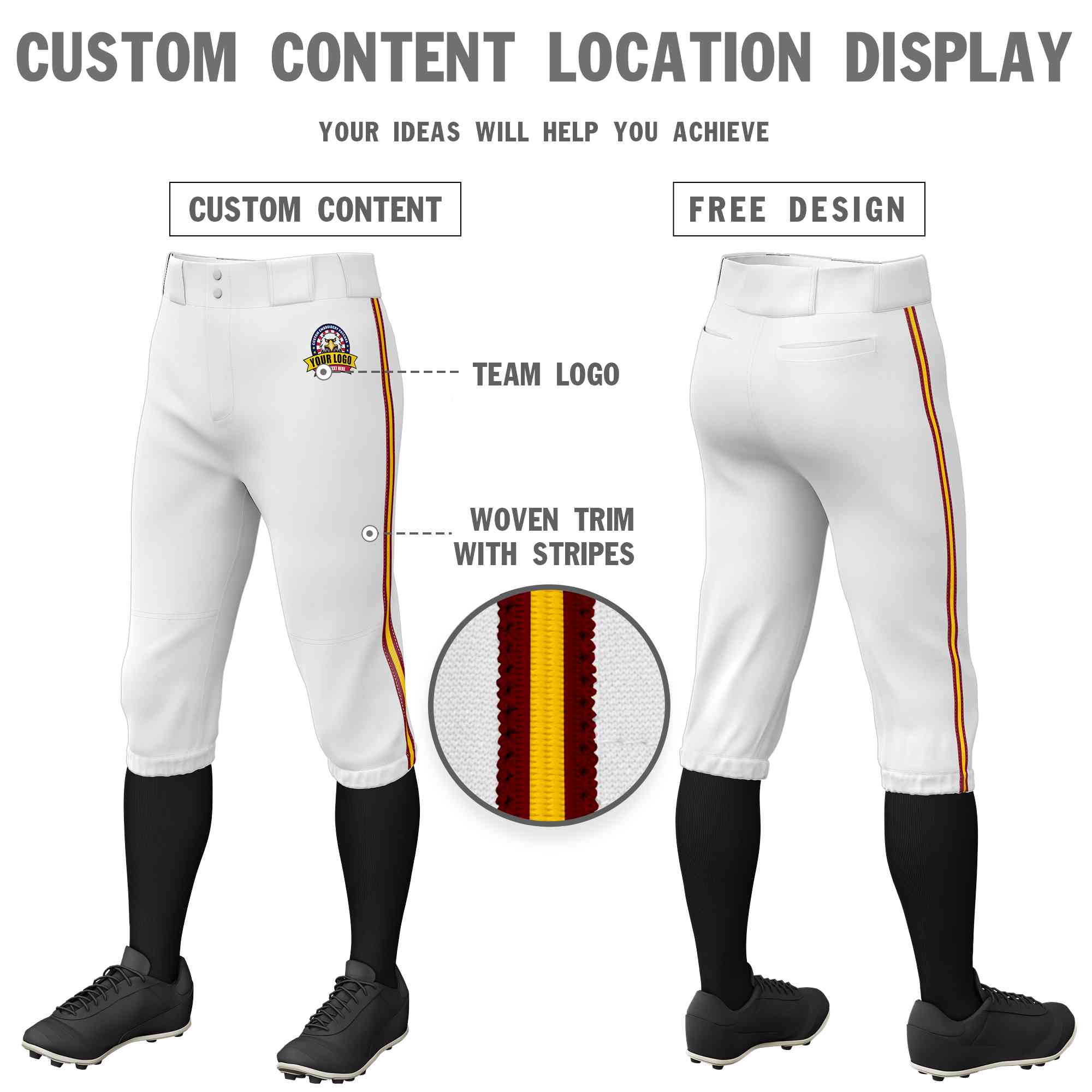 Pantalon de baseball personnalisé blanc cramoisi or-cramoisi, coupe classique, culotte d'entraînement extensible