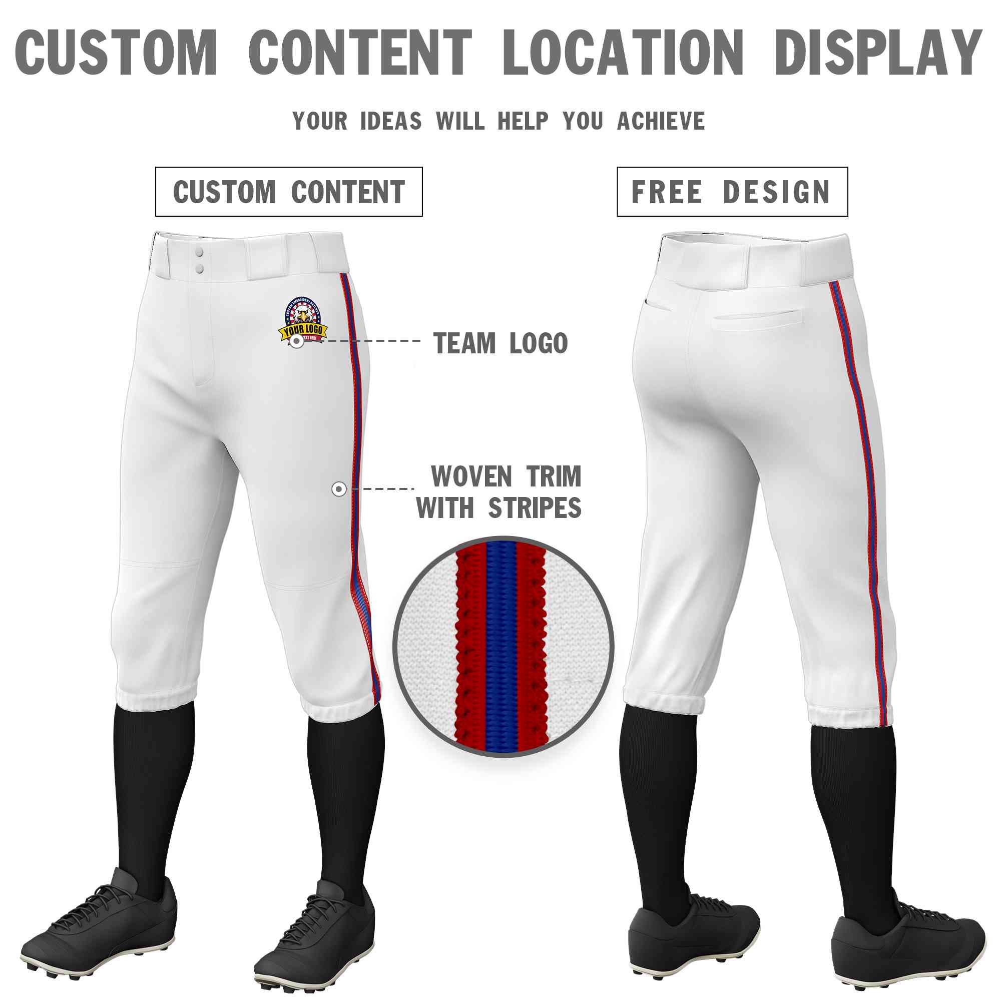 Custom White Red Royal-Red Classic Fit Stretch Practice Knickers Baseball Pants