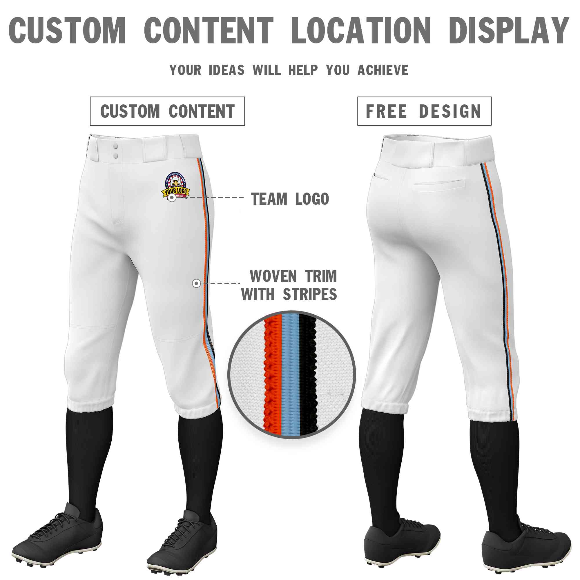 Custom White Orange Light Blue-Black Classic Fit Stretch Practice Knickers Baseball Pants