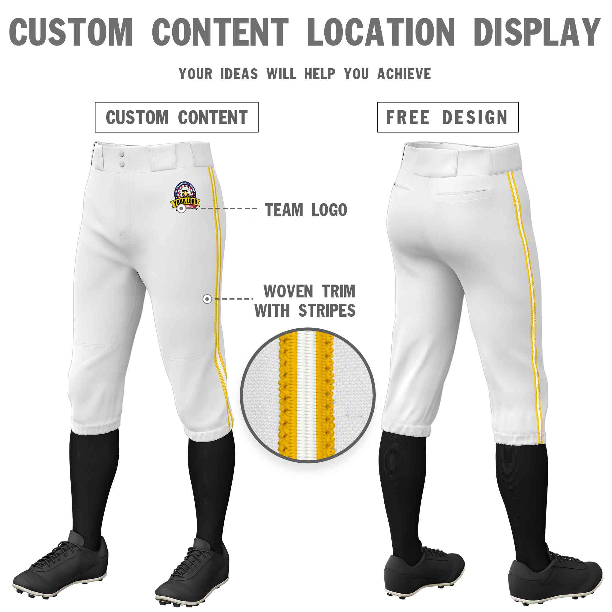 Pantalon de baseball personnalisé en or blanc et or, coupe classique, culotte d'entraînement extensible