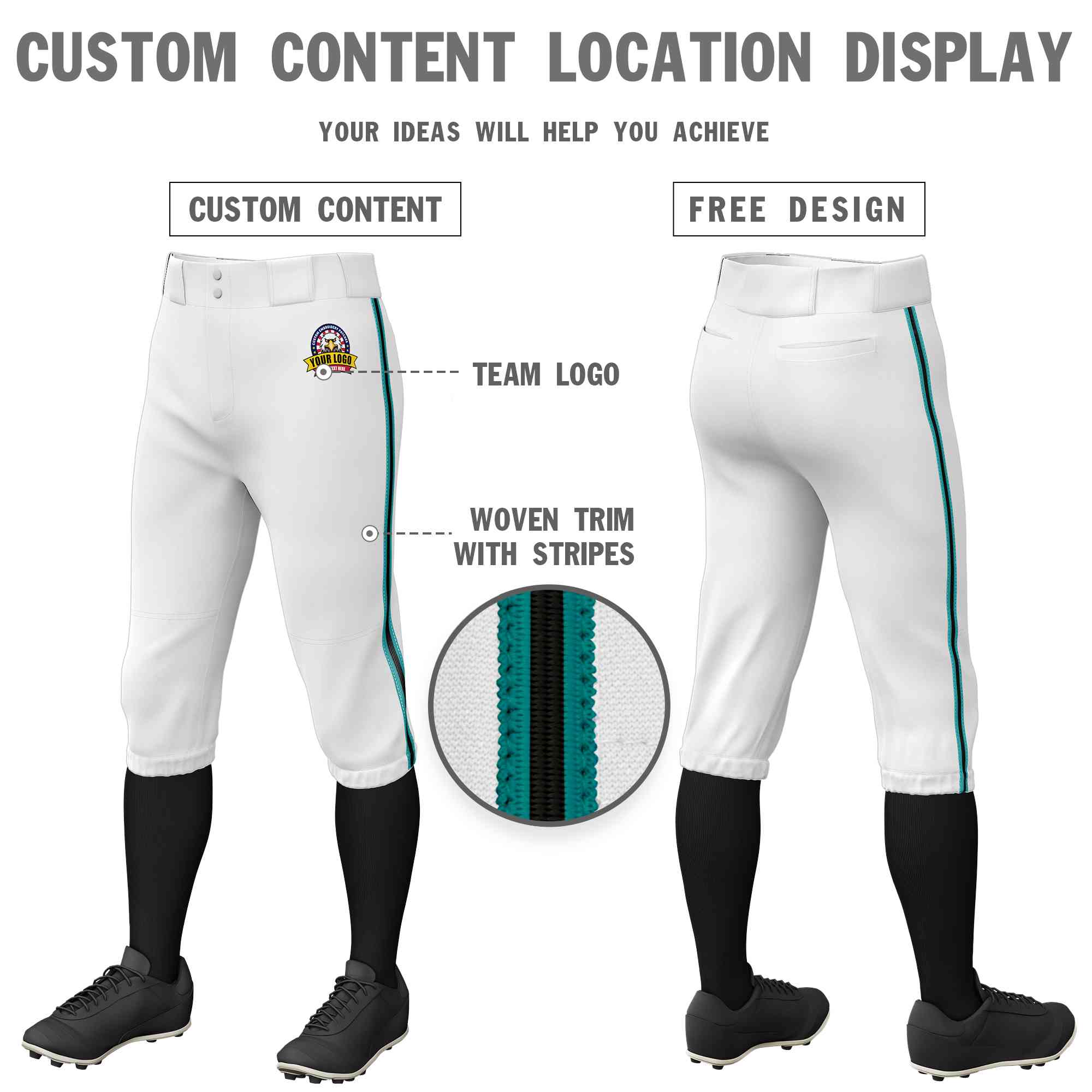 Custom White Aqua Black-Aqua Classic Fit Stretch Practice Knickers Baseball Pants