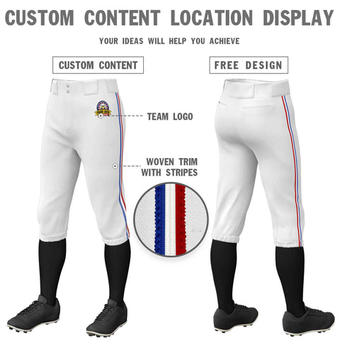 Custom White Royal White-Red Classic Fit Stretch Practice Knickers Baseball Pants