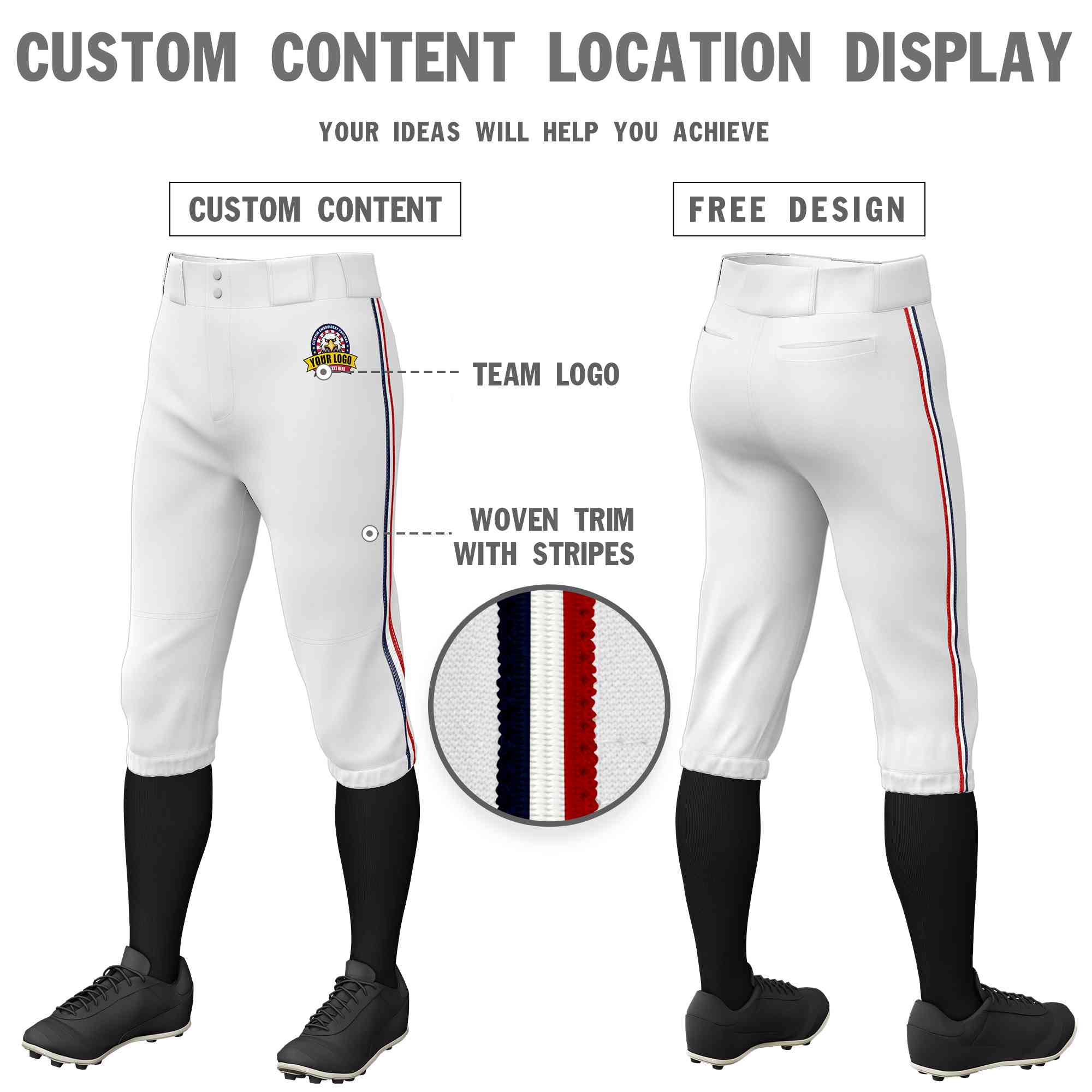 Custom White Navy White-Red Classic Fit Stretch Practice Knickers Baseball Pants