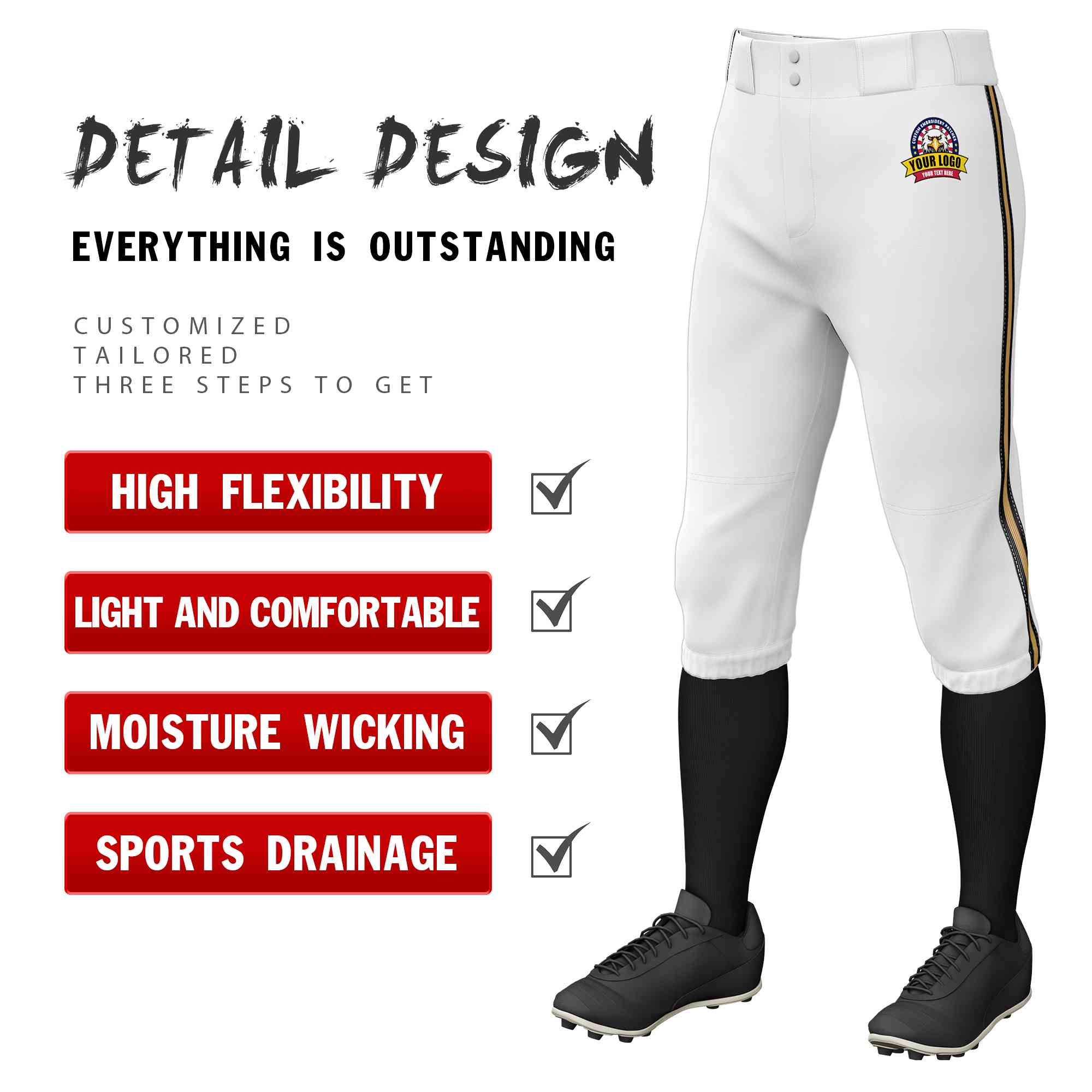 Pantalon de baseball personnalisé, blanc, noir, vieux or-noir, coupe classique, culotte d'entraînement extensible