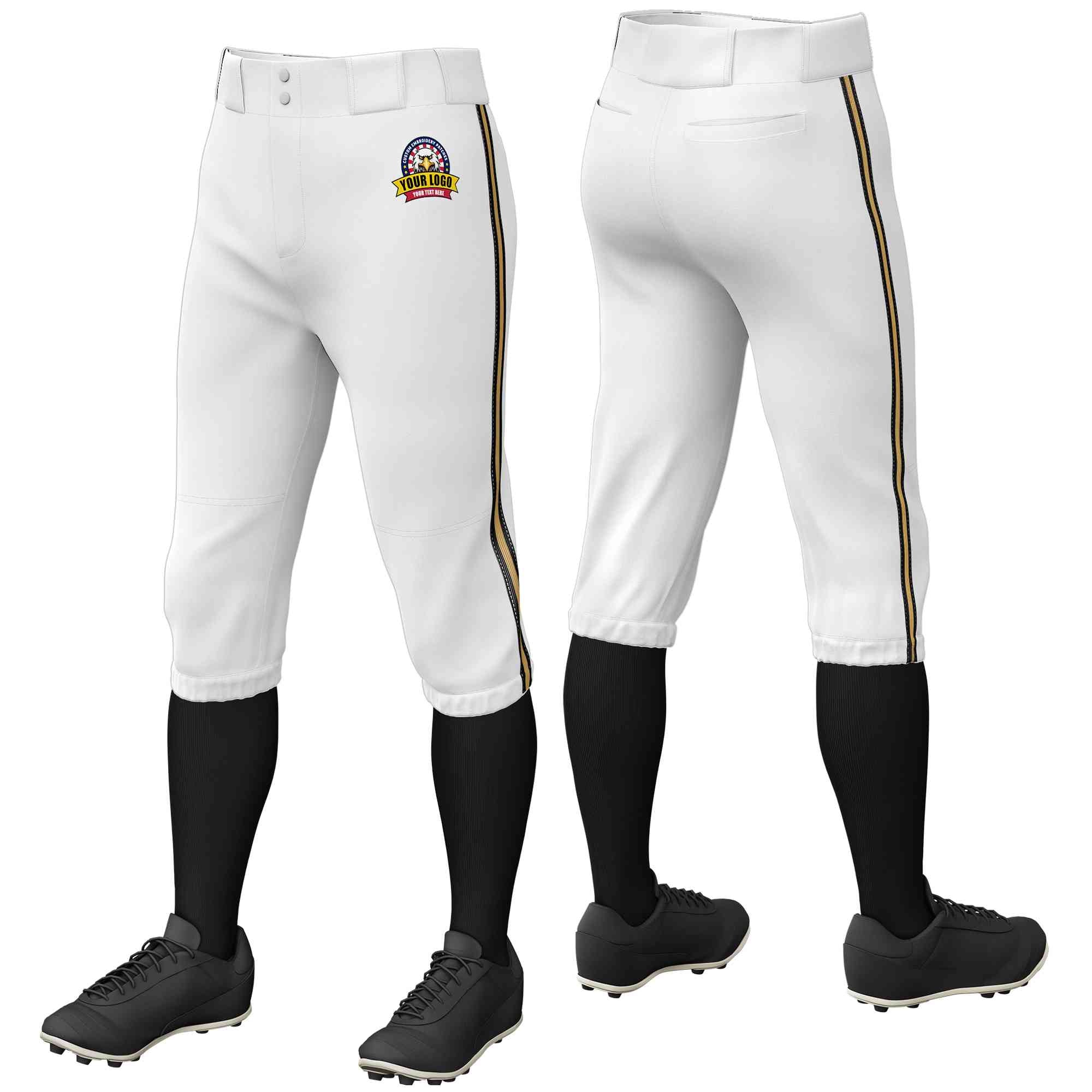 Pantalon de baseball personnalisé, blanc, noir, vieux or-noir, coupe classique, culotte d'entraînement extensible