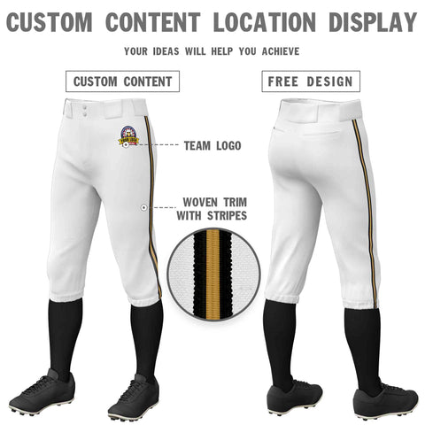 Custom White Black Old Gold-Black Classic Fit Stretch Practice Knickers Baseball Pants