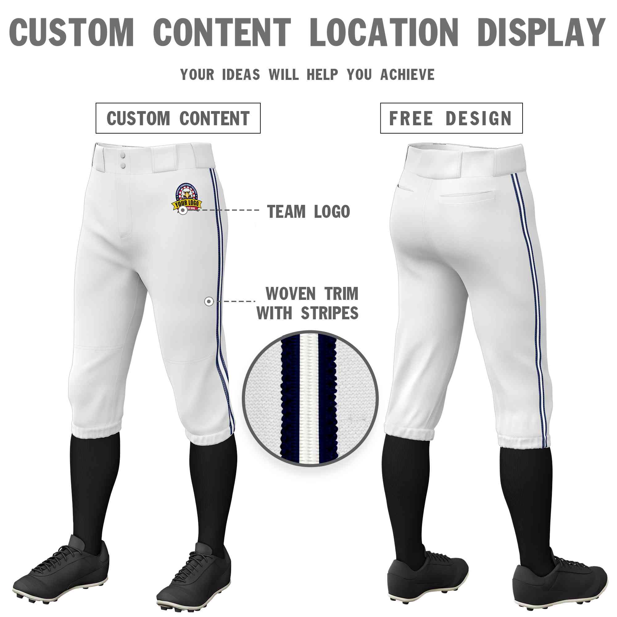 Pantalon de baseball personnalisé, culotte d'entraînement extensible, blanc et bleu marine, coupe classique