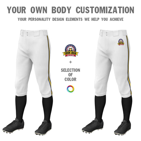 Custom White Navy Gold-Navy Classic Fit Stretch Practice Knickers Baseball Pants