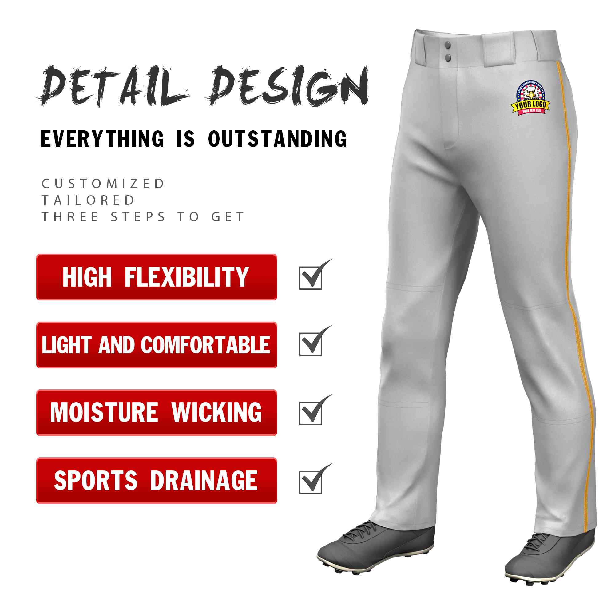 Custom Gray Old Gold Classic Fit Stretch Practice Loose-fit Baseball Pants