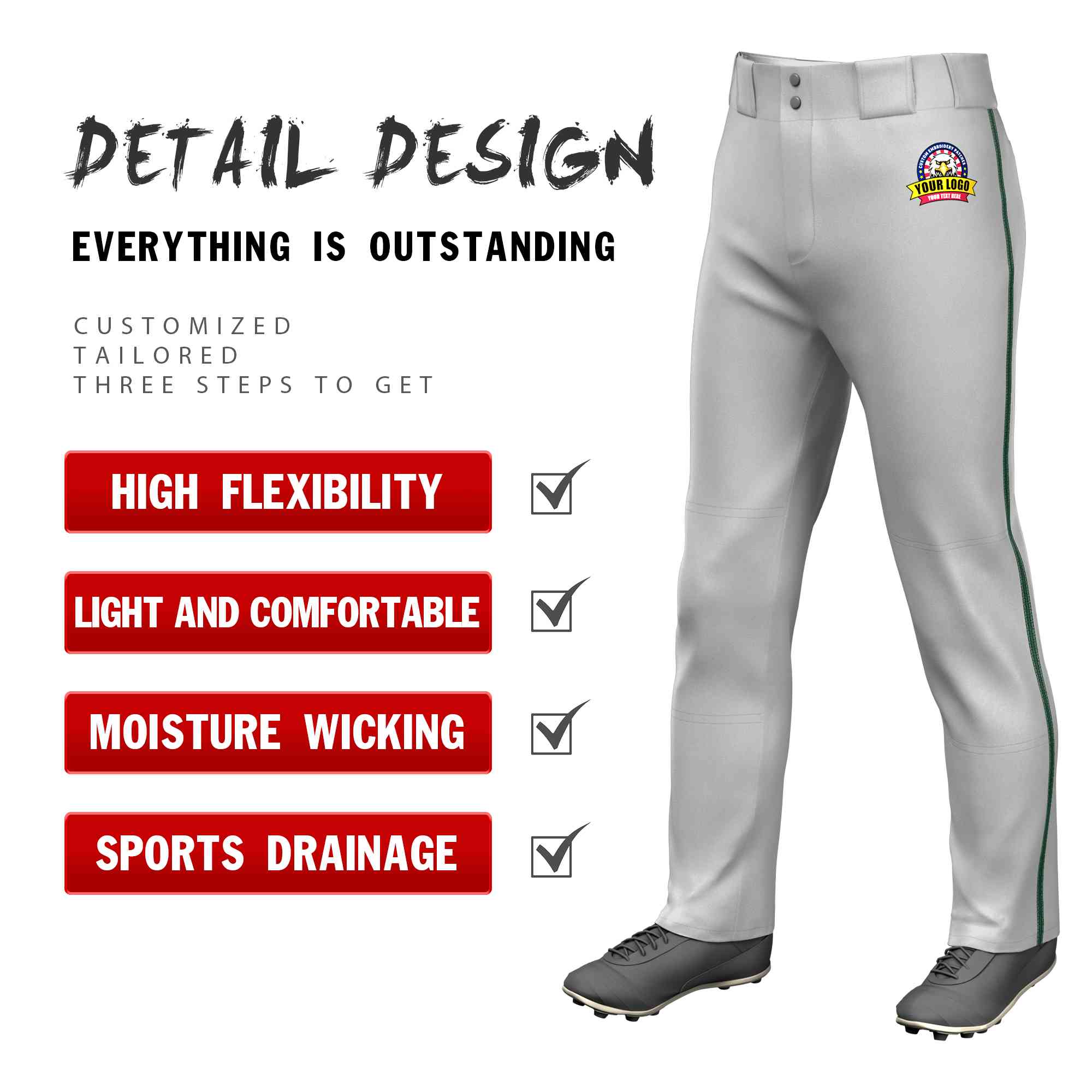 Pantalon de baseball coupe ample, coupe classique, extensible, personnalisé, gris, vert