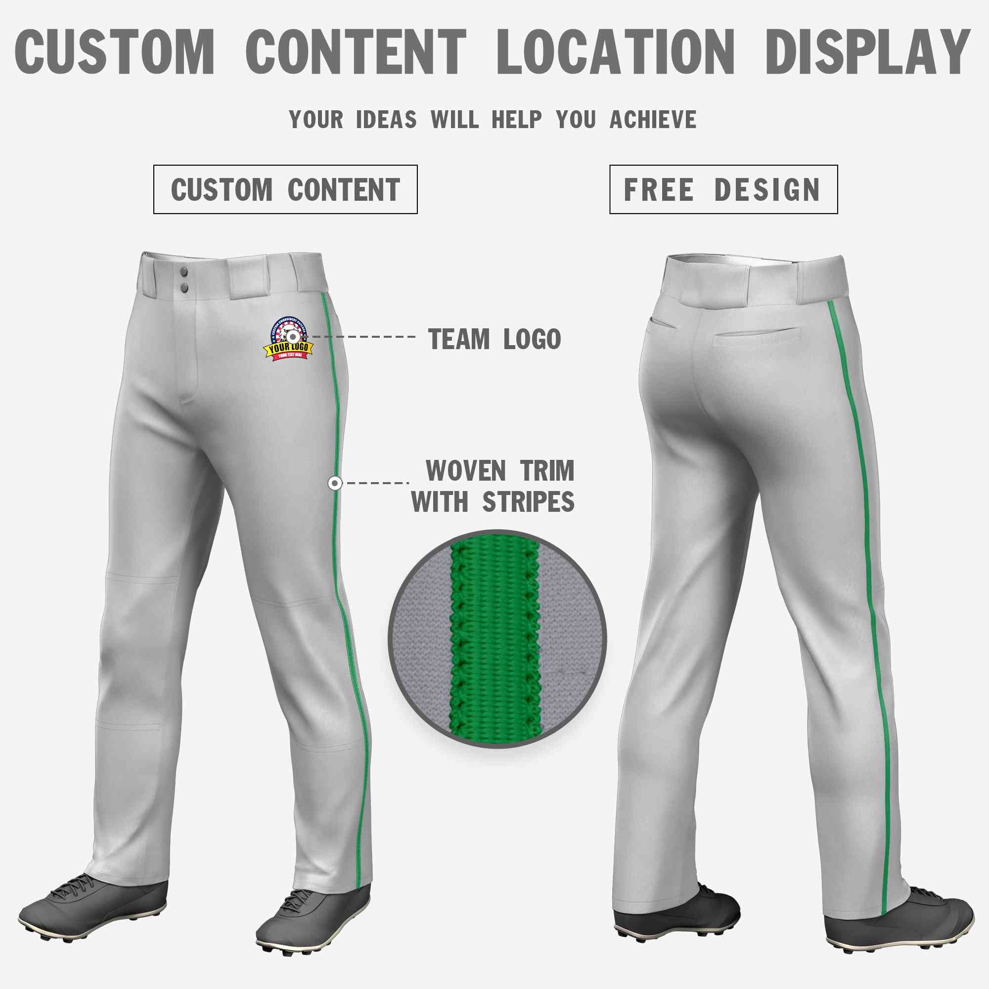 Custom Gray Kelly Green Classic Fit Stretch Practice Loose-fit Baseball Pants