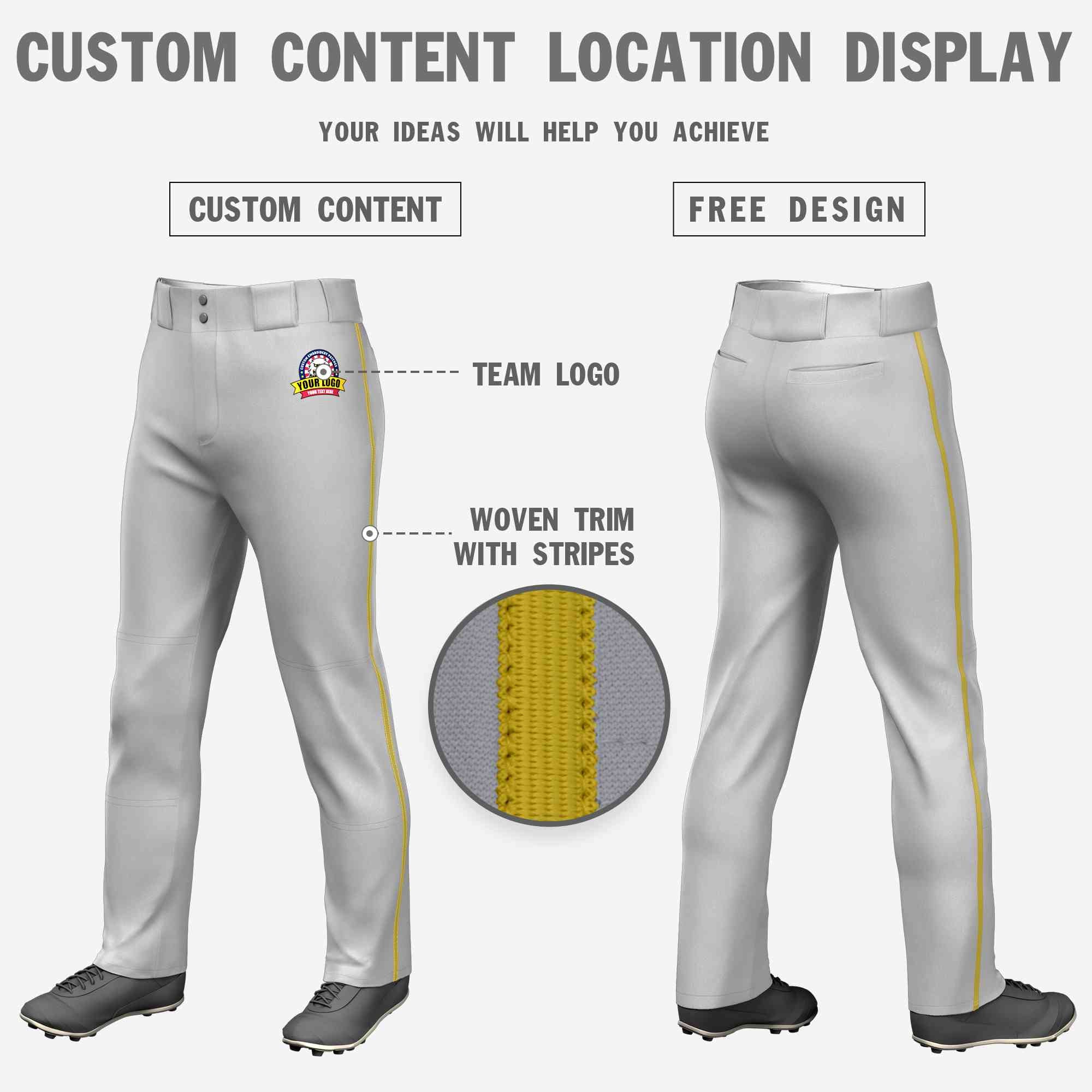 Custom Gray Old Gold Classic Fit Stretch Practice Loose-fit Baseball Pants