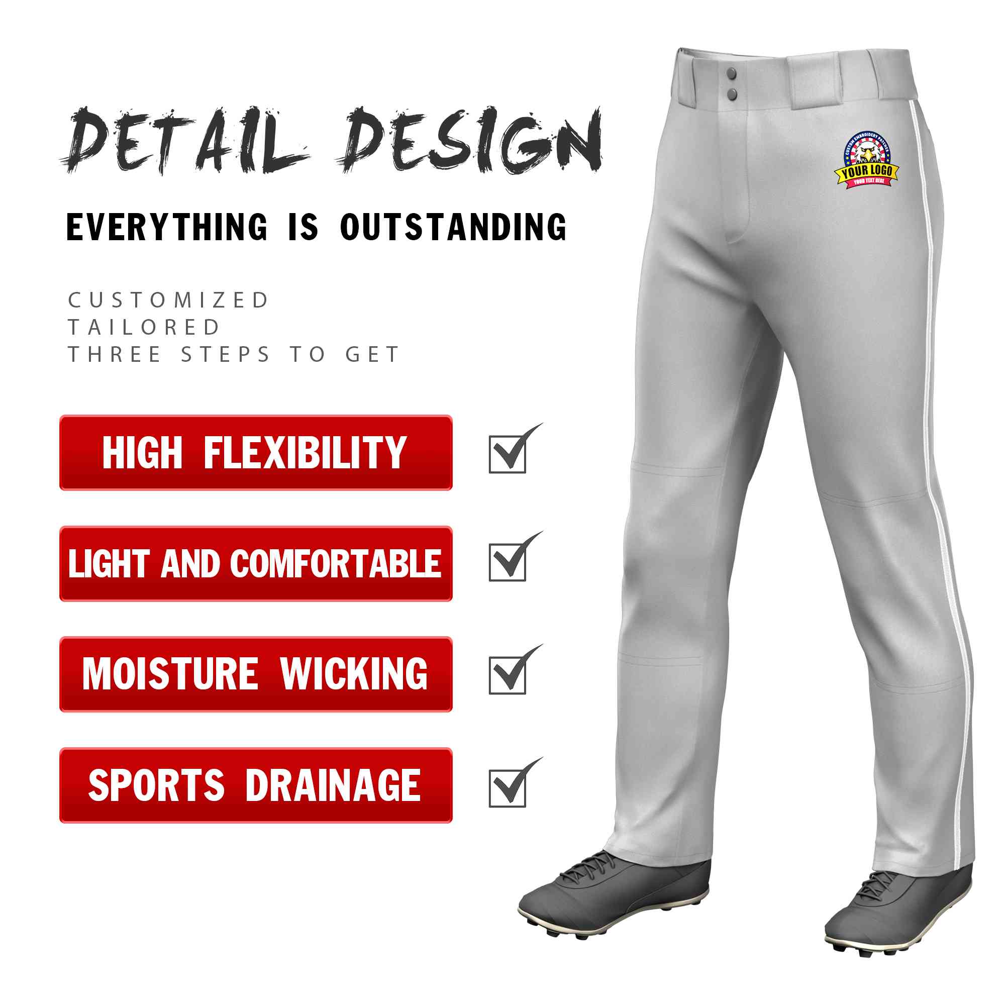 Custom Gray White Classic Fit Stretch Practice Loose-fit Baseball Pants