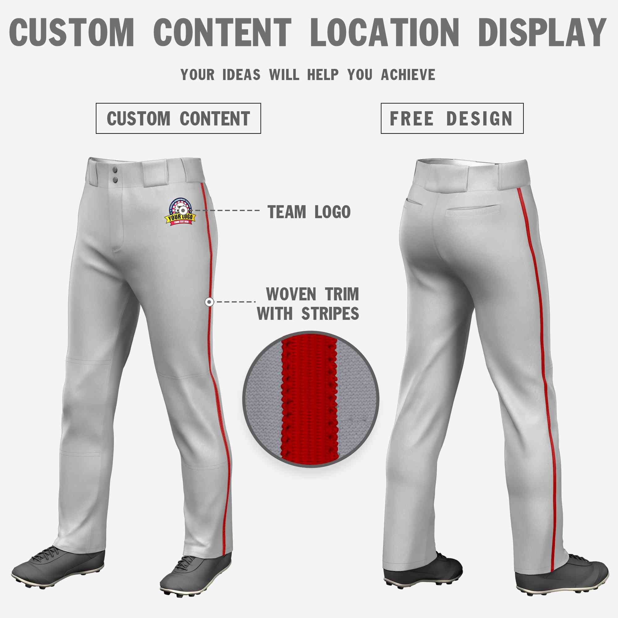 Custom Gray Red Classic Fit Stretch Practice Loose-fit Baseball Pants