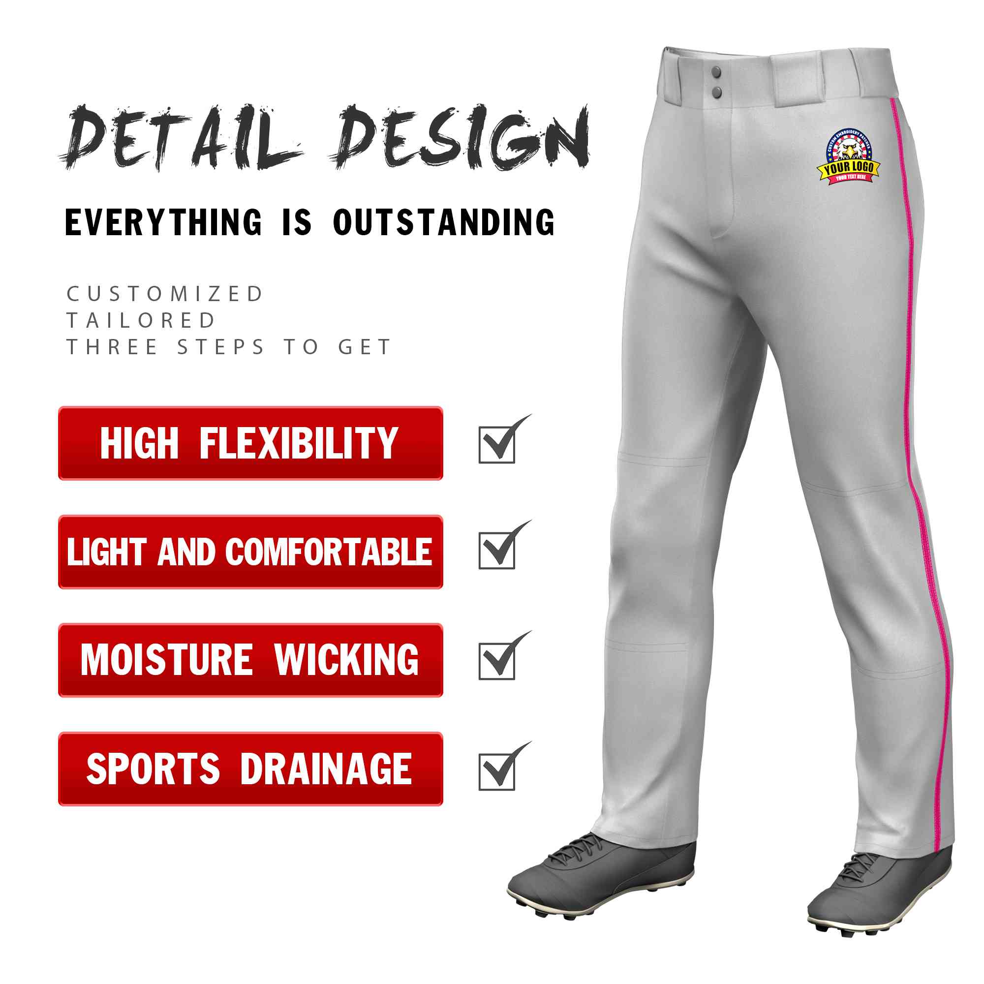 Custom Gray Pink Classic Fit Stretch Practice Loose-fit Baseball Pants