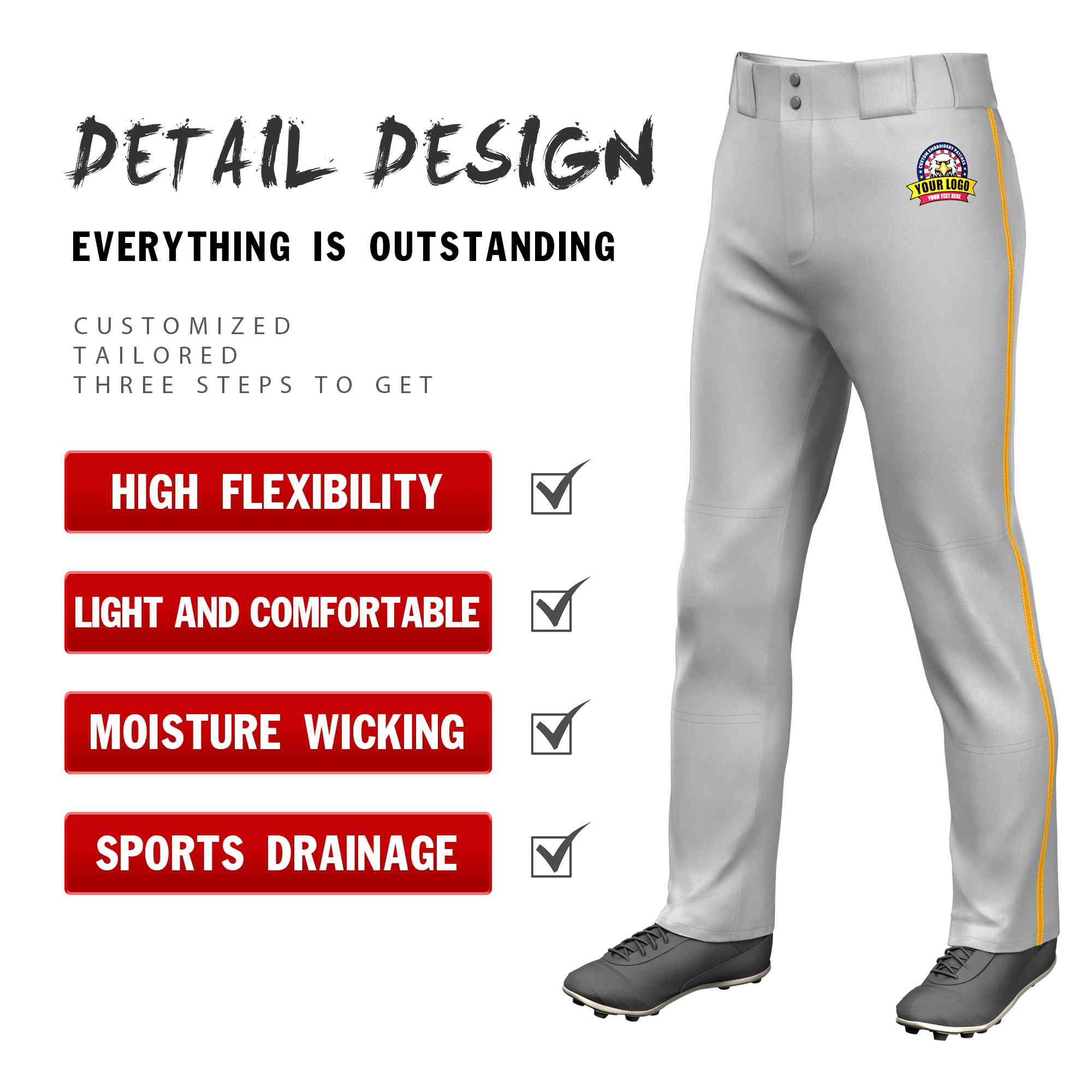 Custom Gray Yellow Classic Fit Stretch Practice Loose-fit Baseball Pants