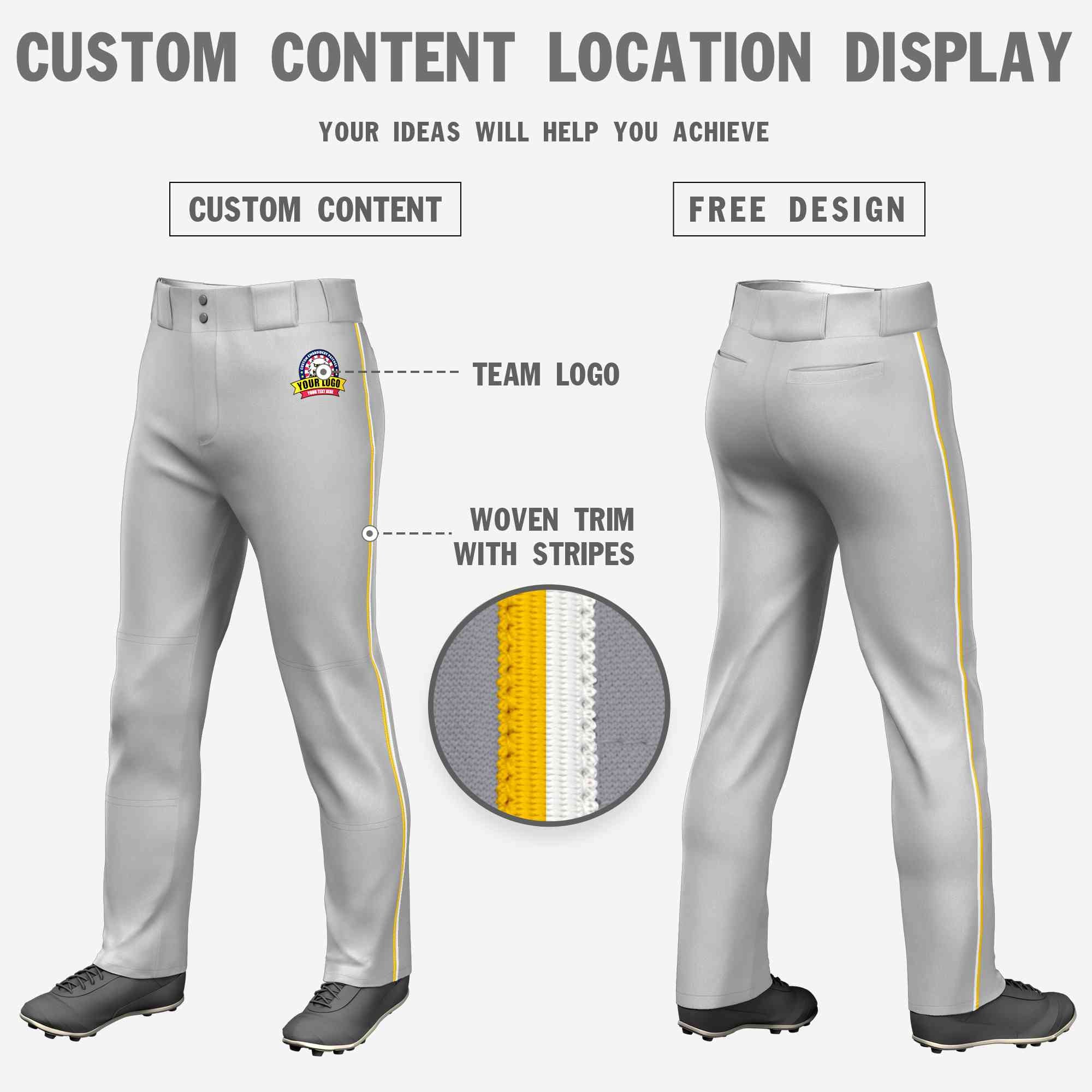 Custom Gray Gold-White Classic Fit Stretch Practice Loose-fit Baseball Pants