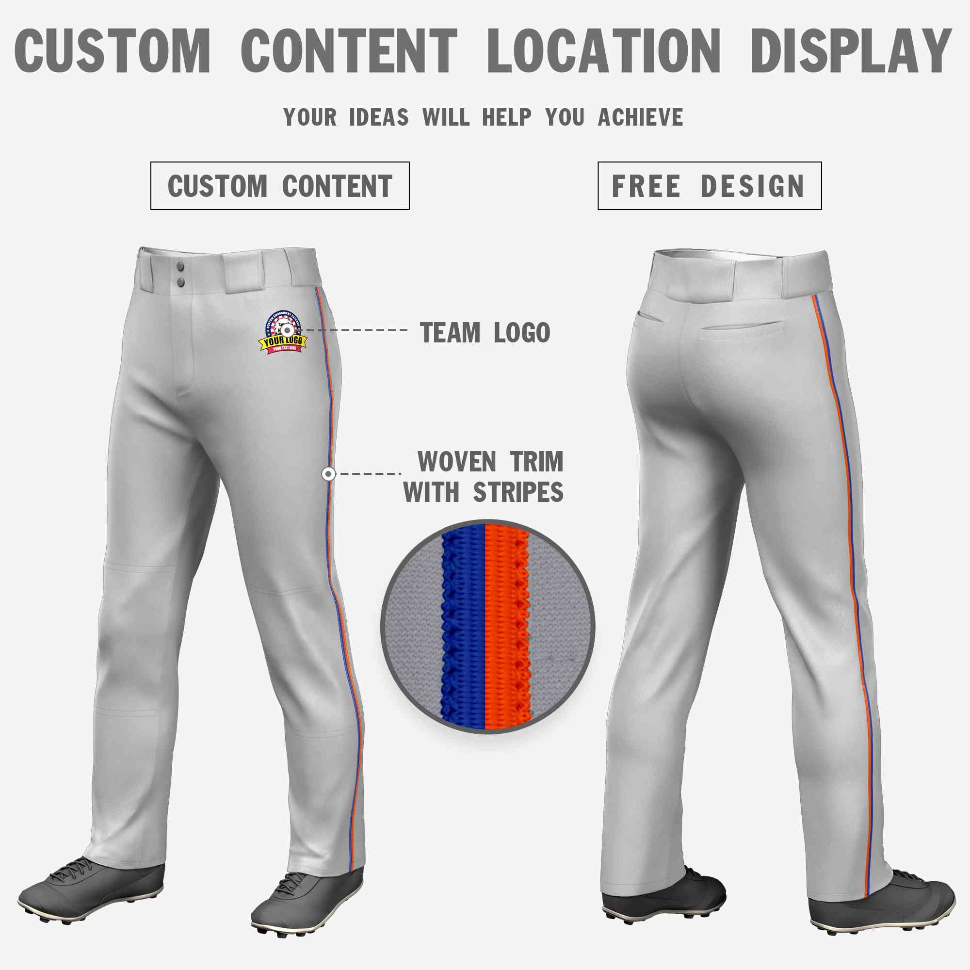 Custom Gray Royal-Orange Classic Fit Stretch Practice Loose-fit Baseball Pants