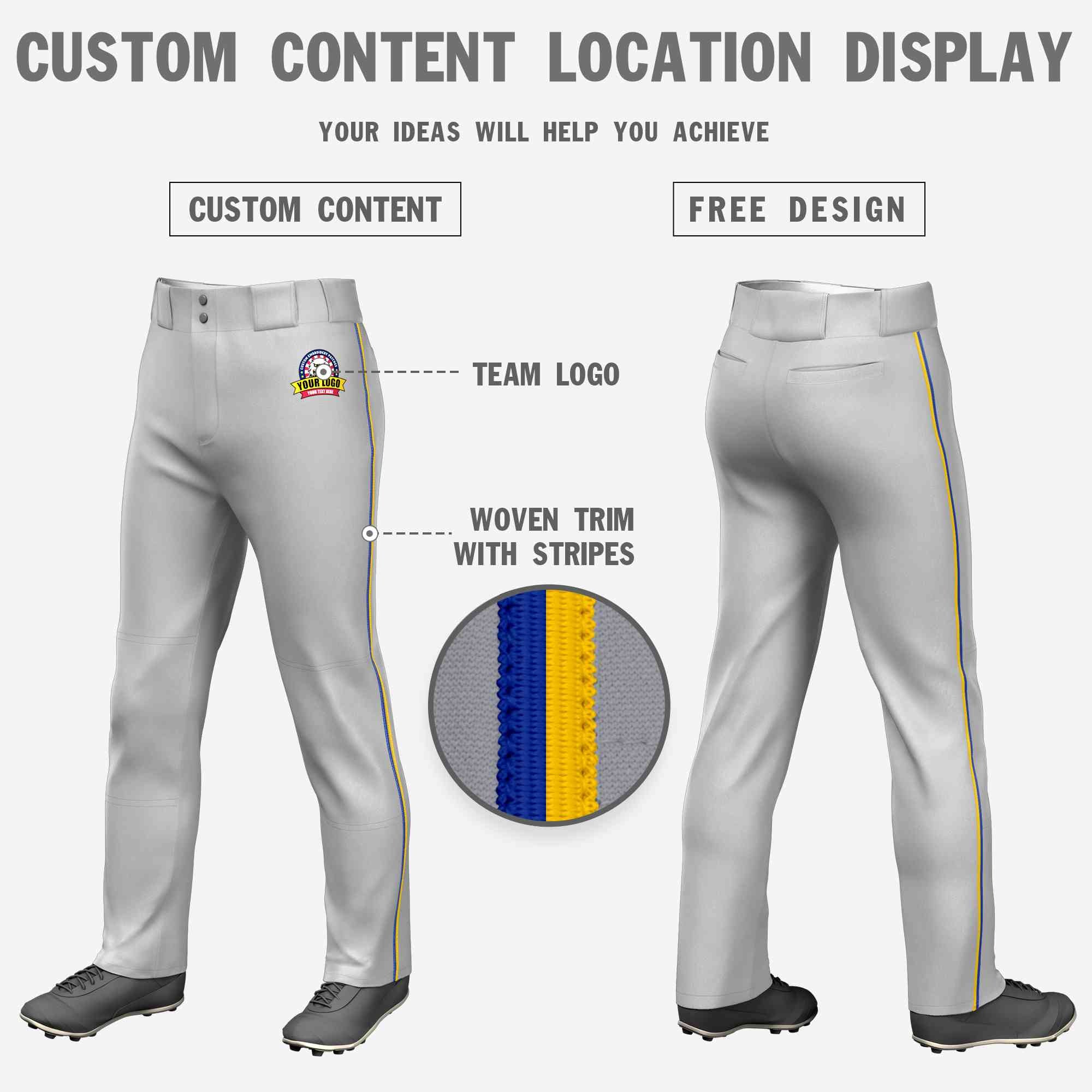 Custom Gray Royal-Gold Classic Fit Stretch Practice Loose-fit Baseball Pants